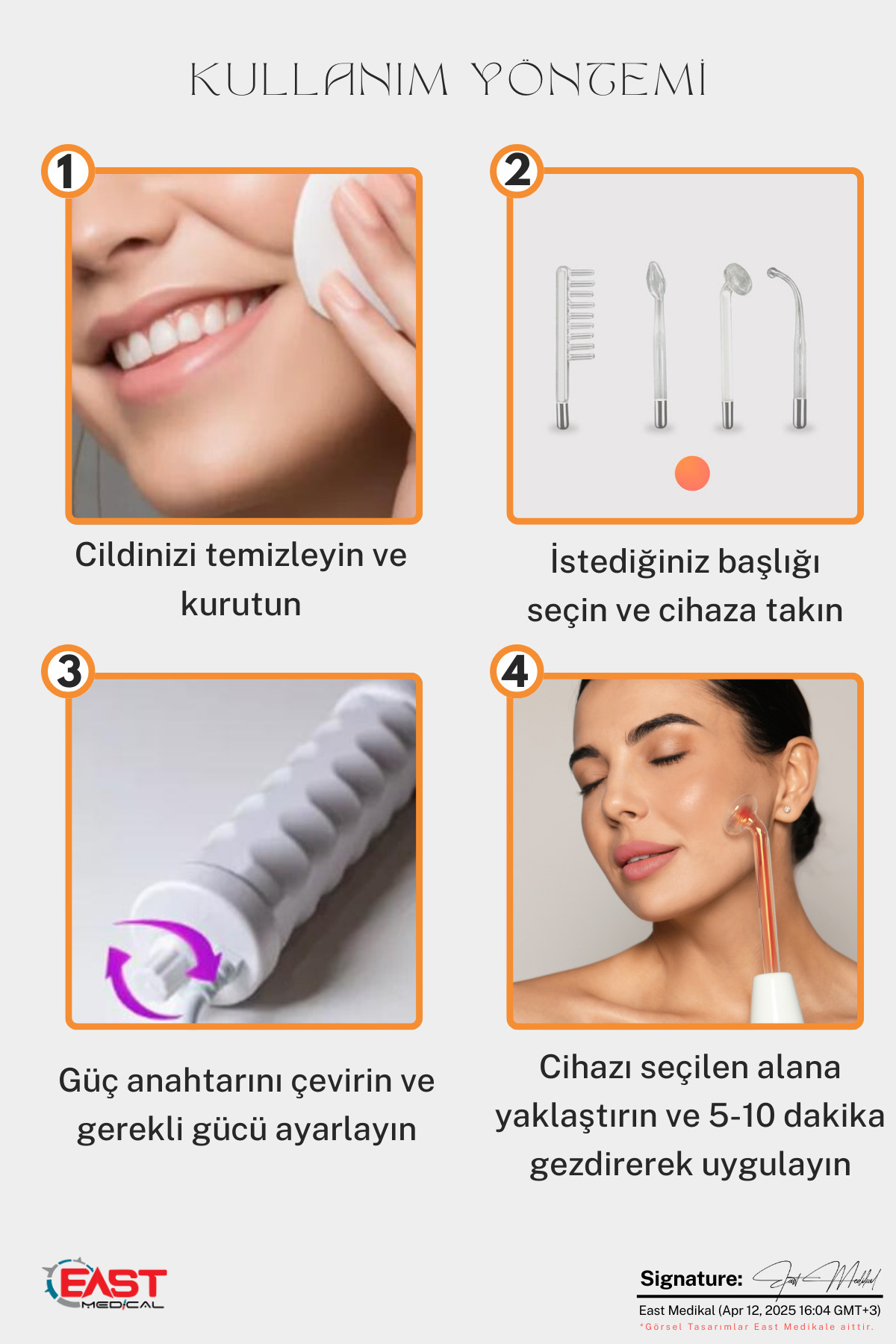 Yüz cihazının kullanımına dair dört adımlı kılavuz: temizleme, başlık seçimi, açma ve uygulama.