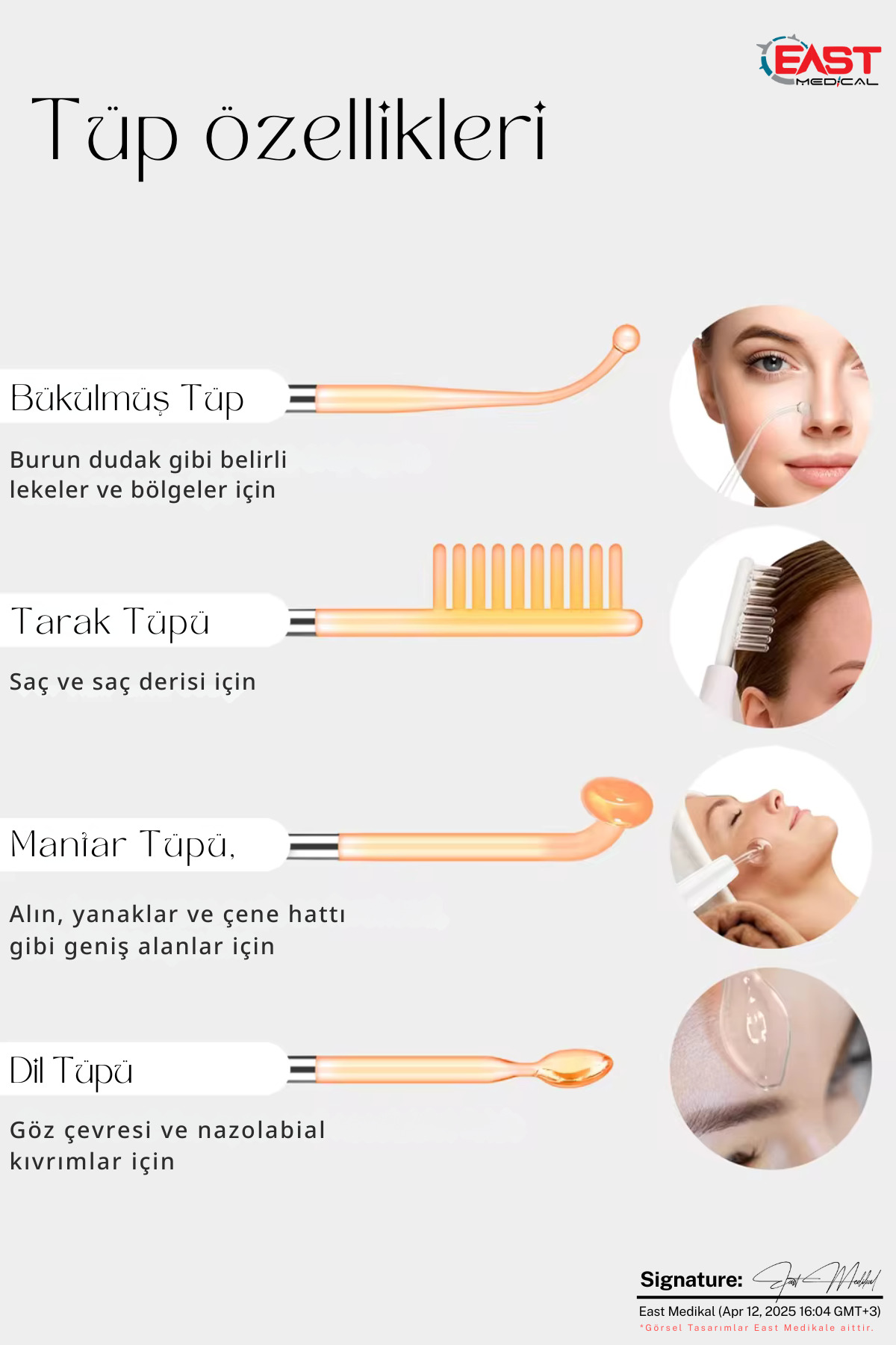 Dört farklı cam elektrot tüpünü ve cilt üzerindeki uygulama alanlarını gösteren tıbbi infografik.