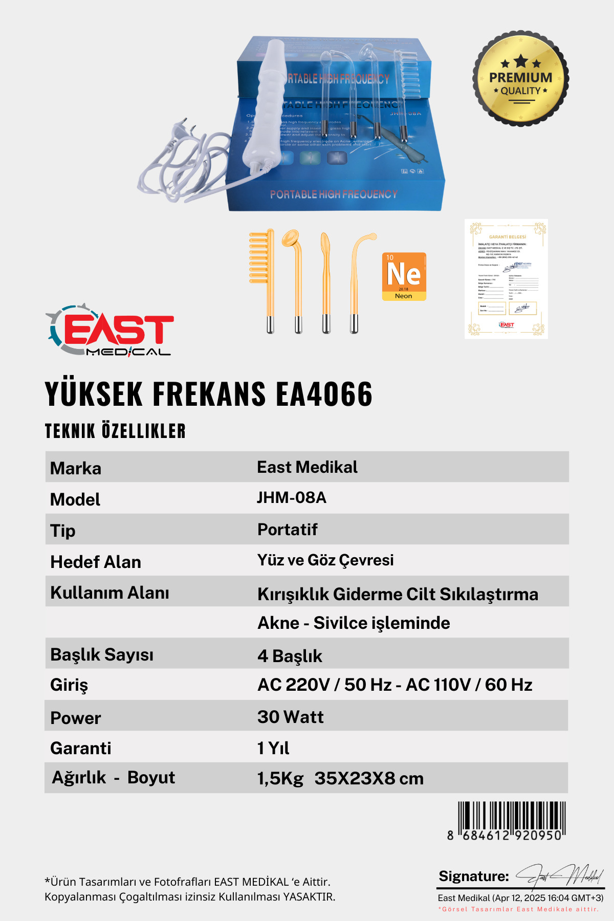 East Medikal JHM-08A taşınabilir yüksek frekans yüz cihazının dört başlığı ile teknik özellikleri.