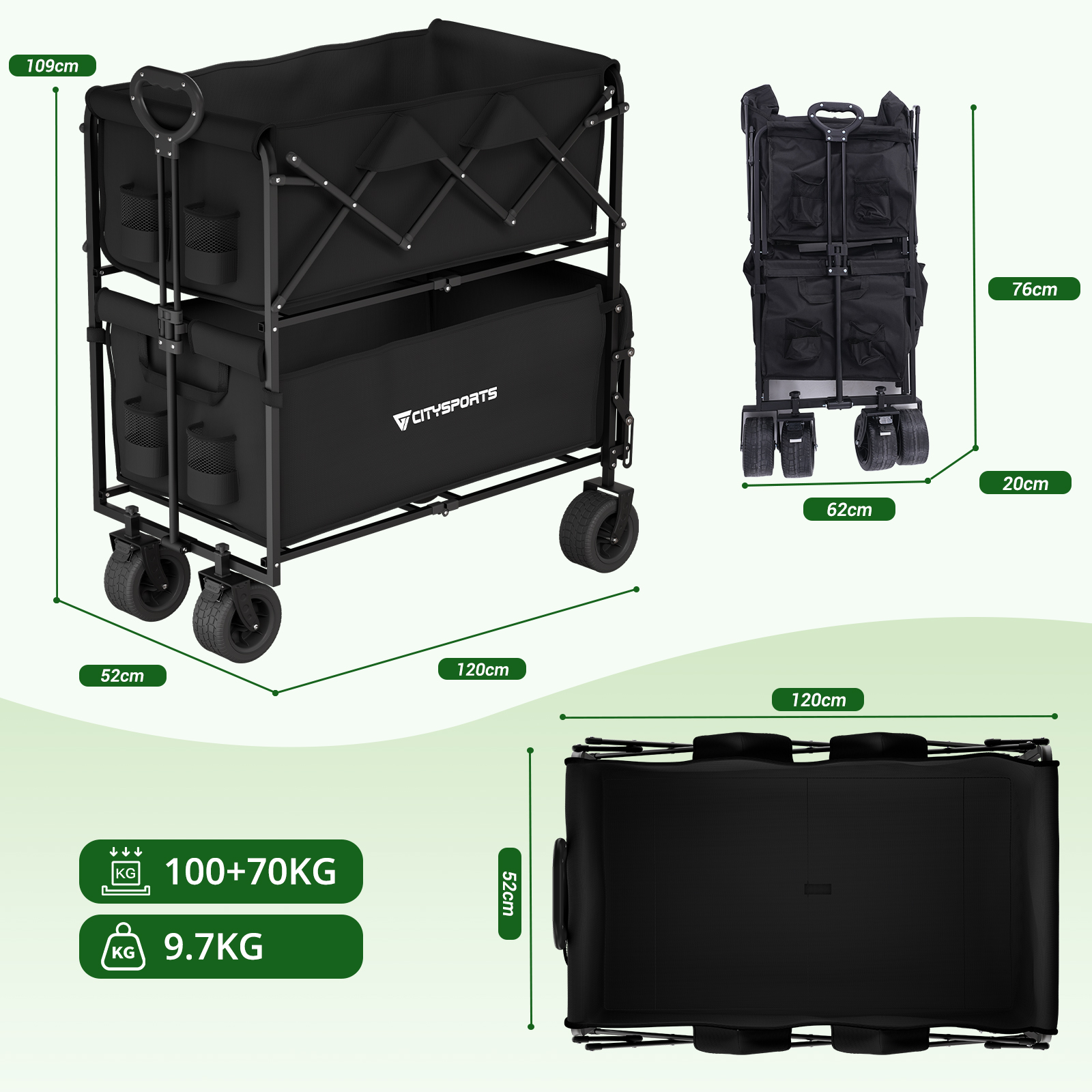 Un carrello multiuso pieghevole nero con dimensioni e specifiche di peso su sfondo verde.