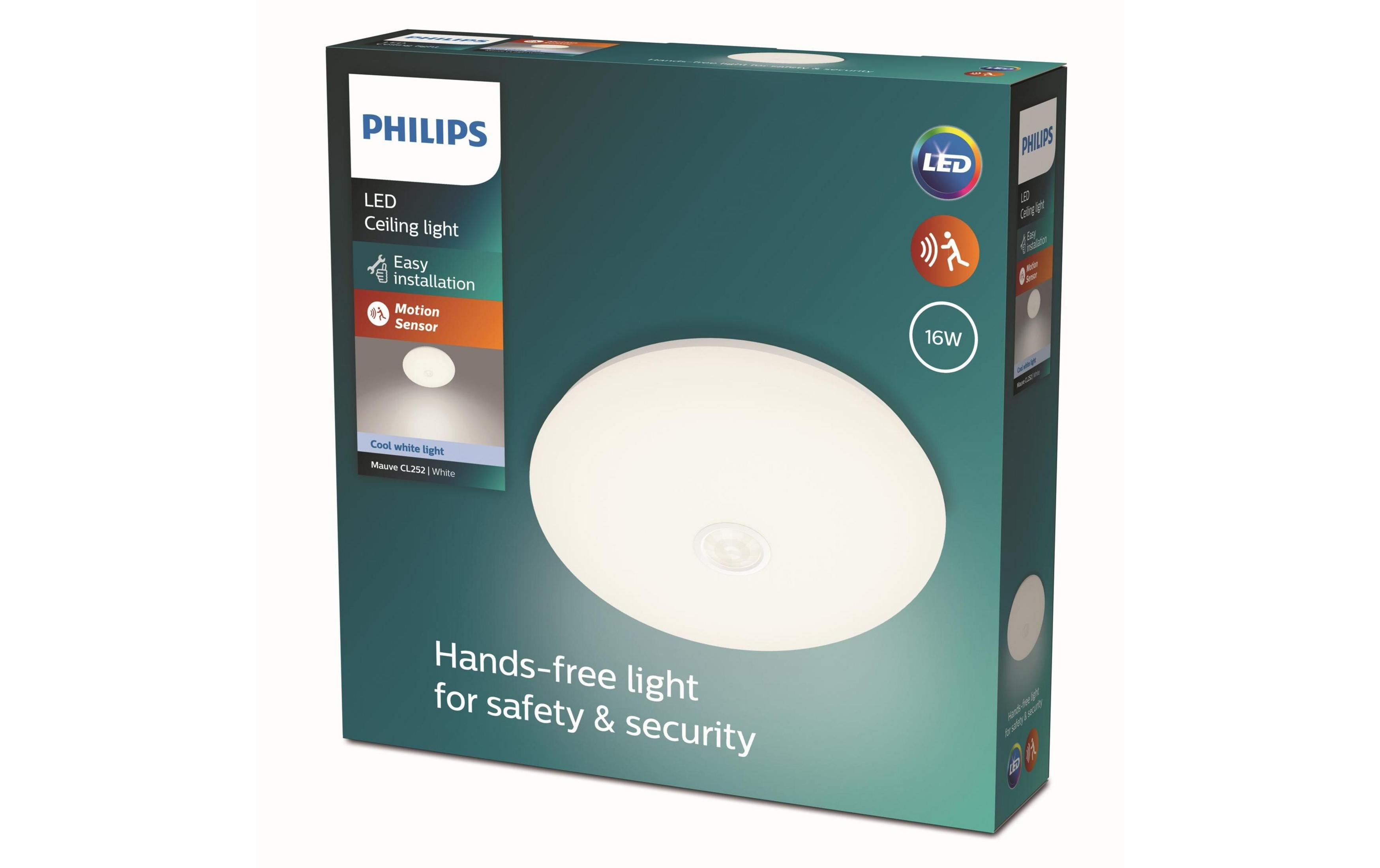 Dahili hareket sensörlü ve beyaz armatürlü Philips LED tavan lambası ambalajı.