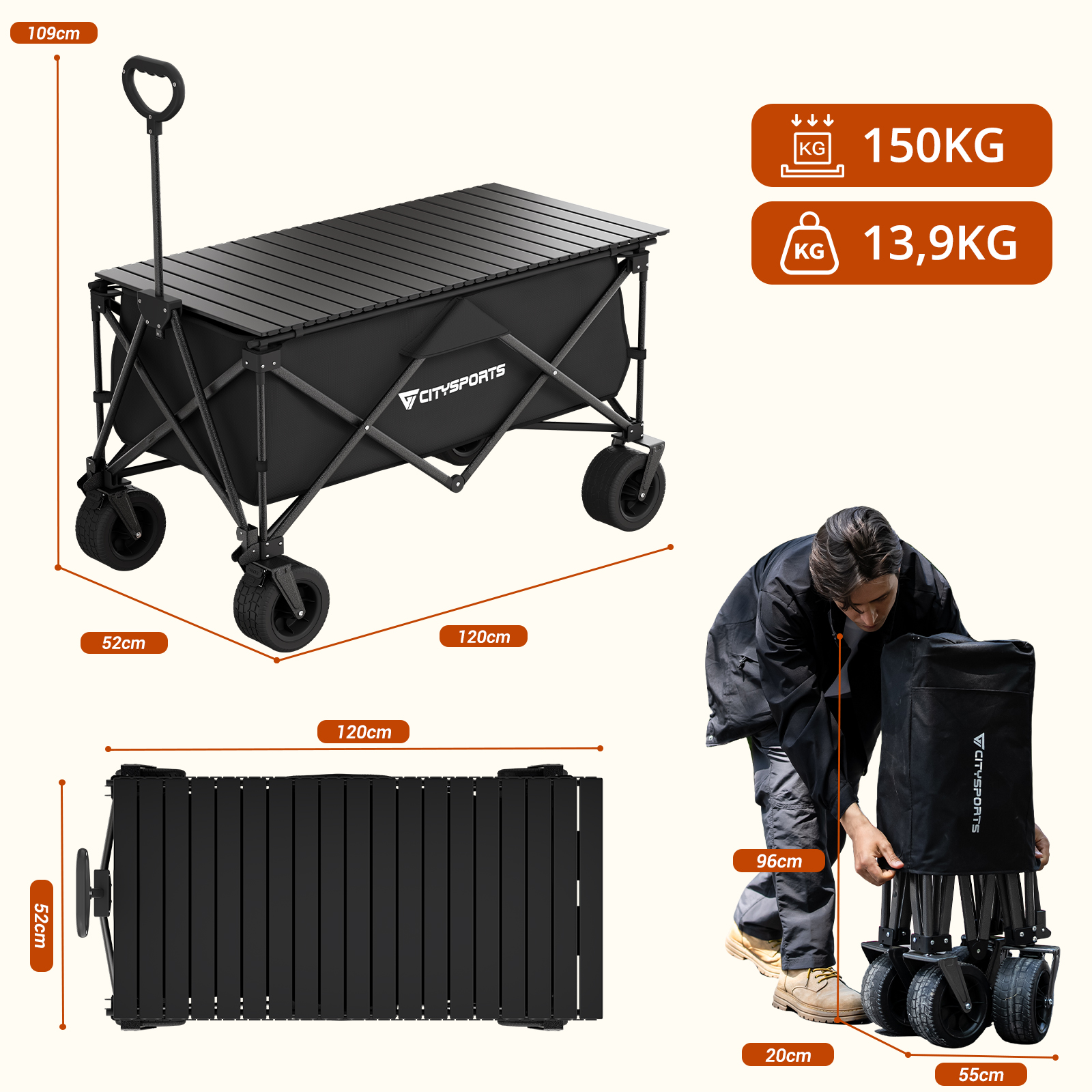 Un carrello pieghevole nero con dimensioni, piano del tavolo e una persona che lo piega.