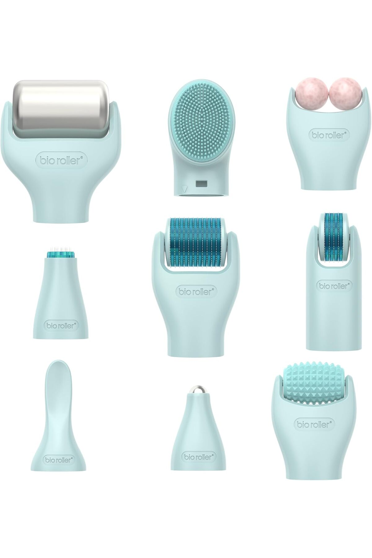Beyaz arka planda bio roller cilt bakım cihazı için dokuz farklı açık mavi başlık.