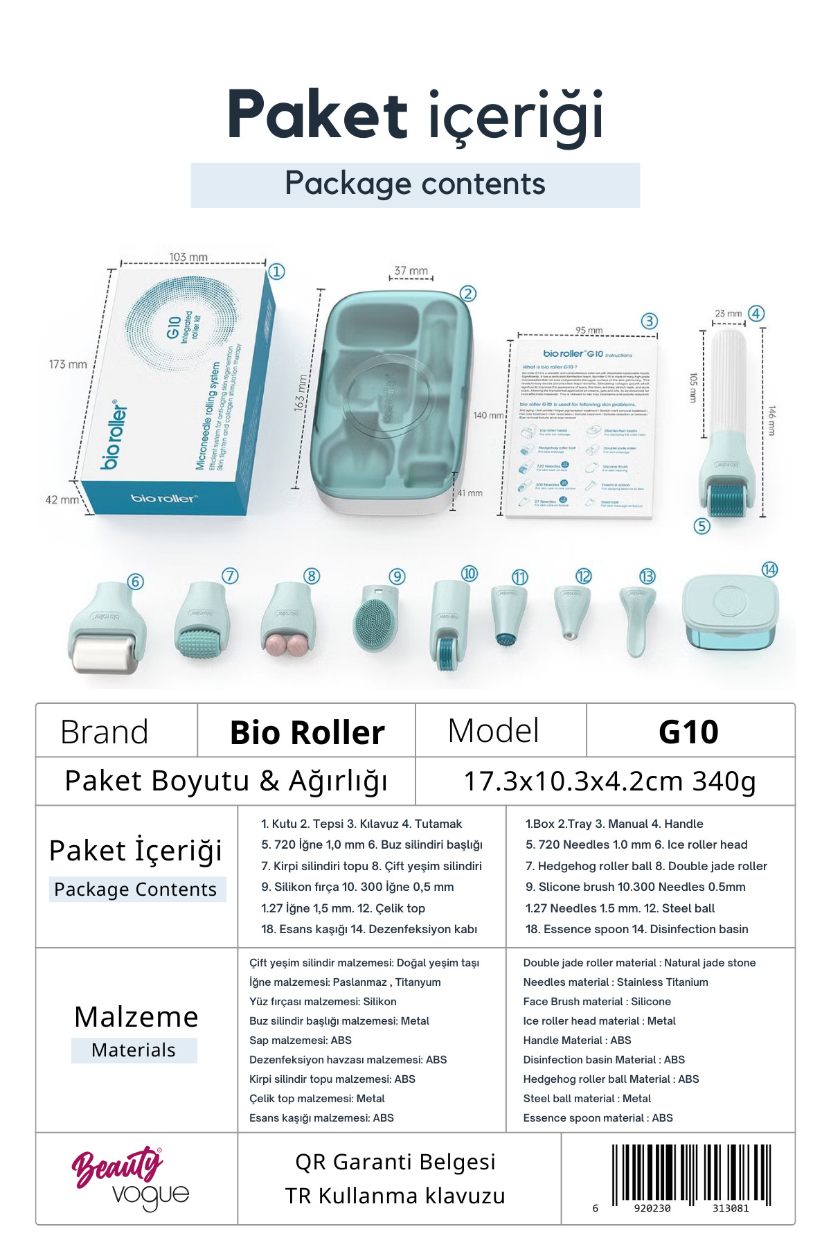 Çeşitli başlıklar, kutu, kılavuz ve ölçüleri gösteren Bio Roller G10 paket içeriği.