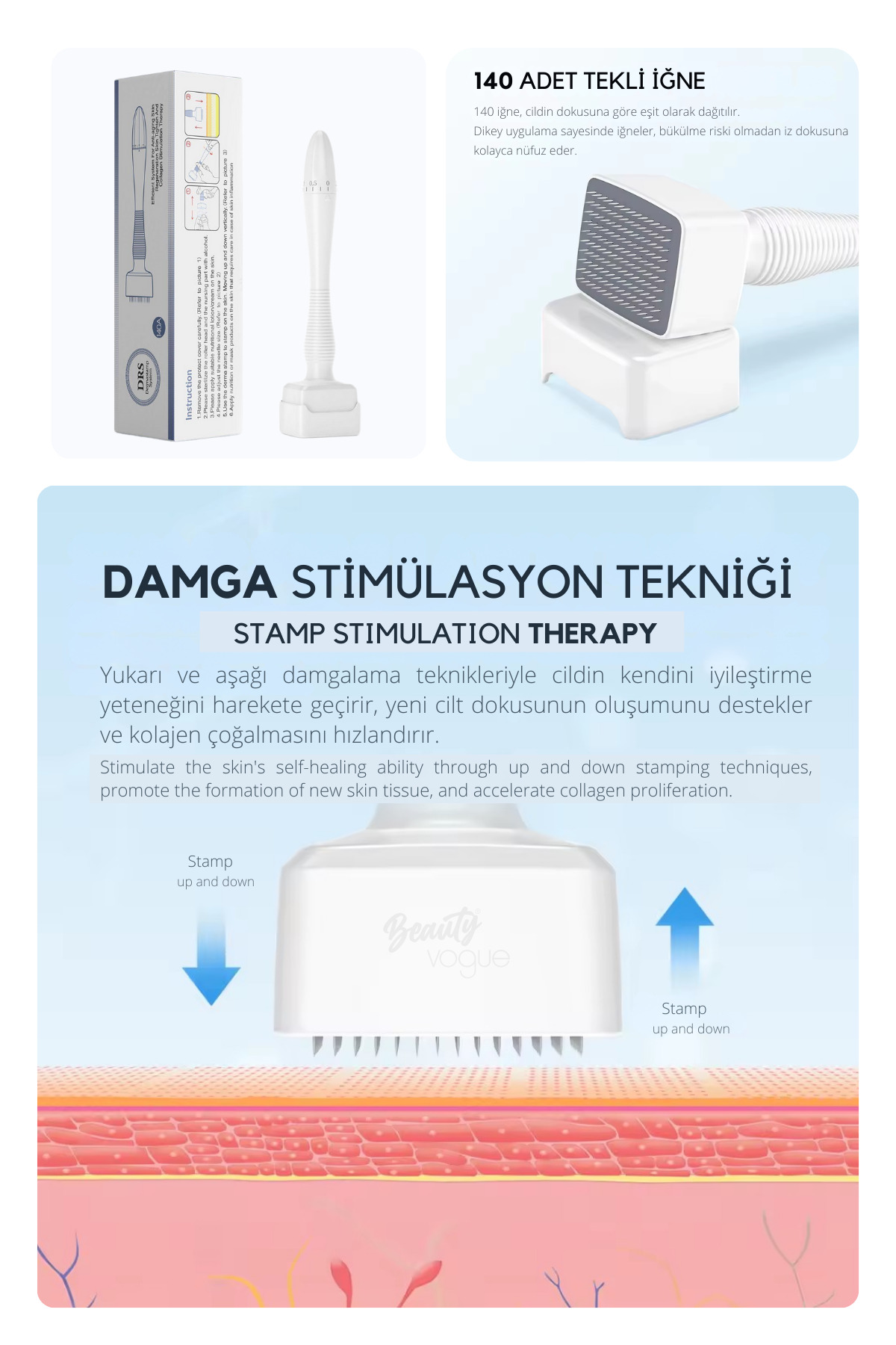İğne detayları ve kullanım talimatları içeren damga cilt stimülasyon cihazı infografiği.