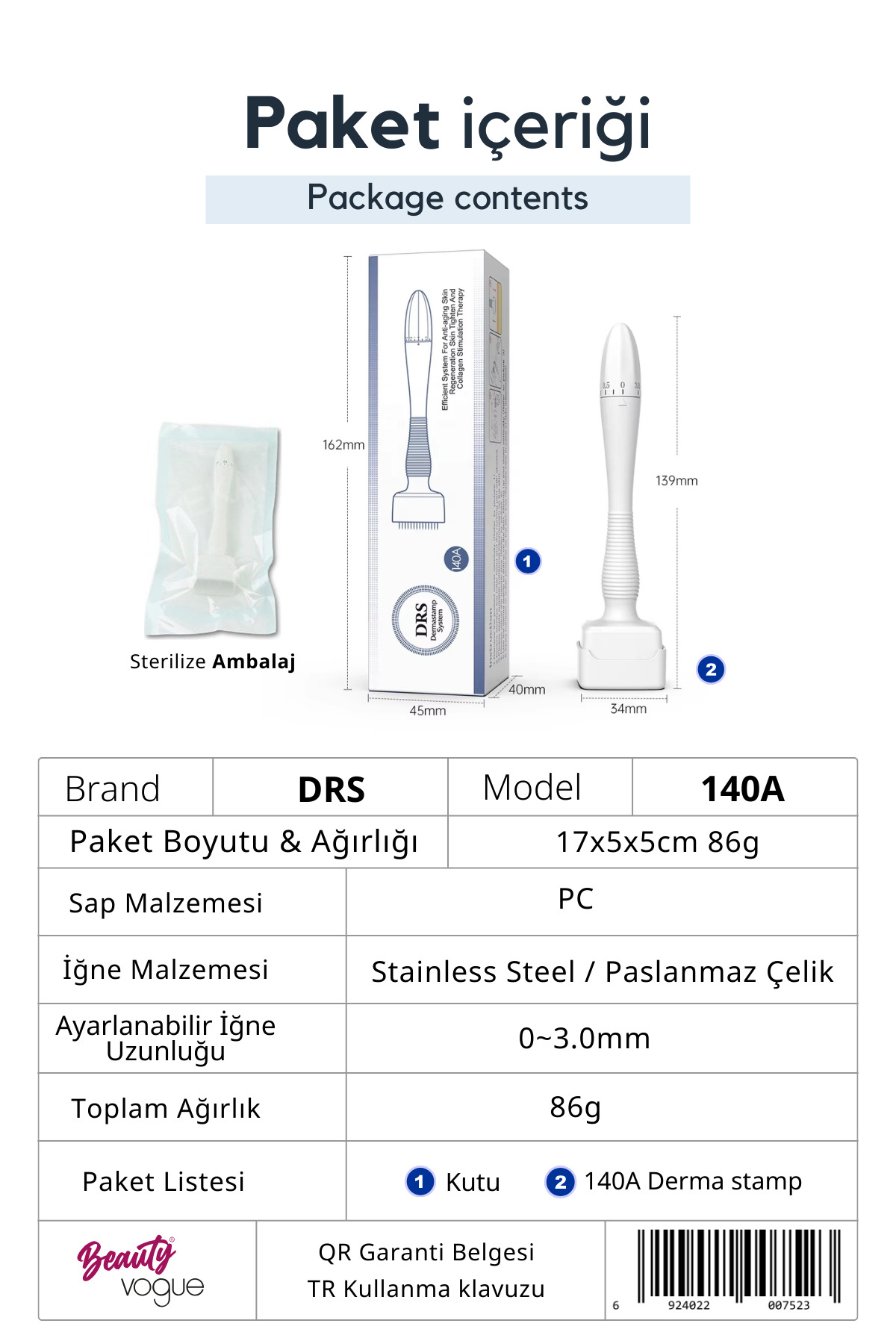 Ambalaj, ölçüler ve teknik detayları gösteren DRS 140A Derma Stamp ürün içeriği ve özellikleri.