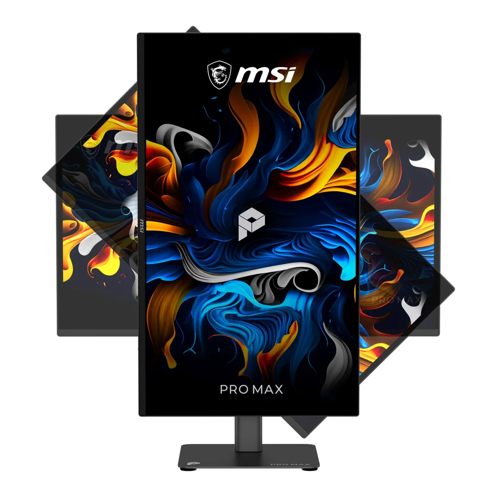 Koyu bir arka planda mavi, turuncu ve beyaz soyut sanat gösteren bir MSI Pro Max monitör.
