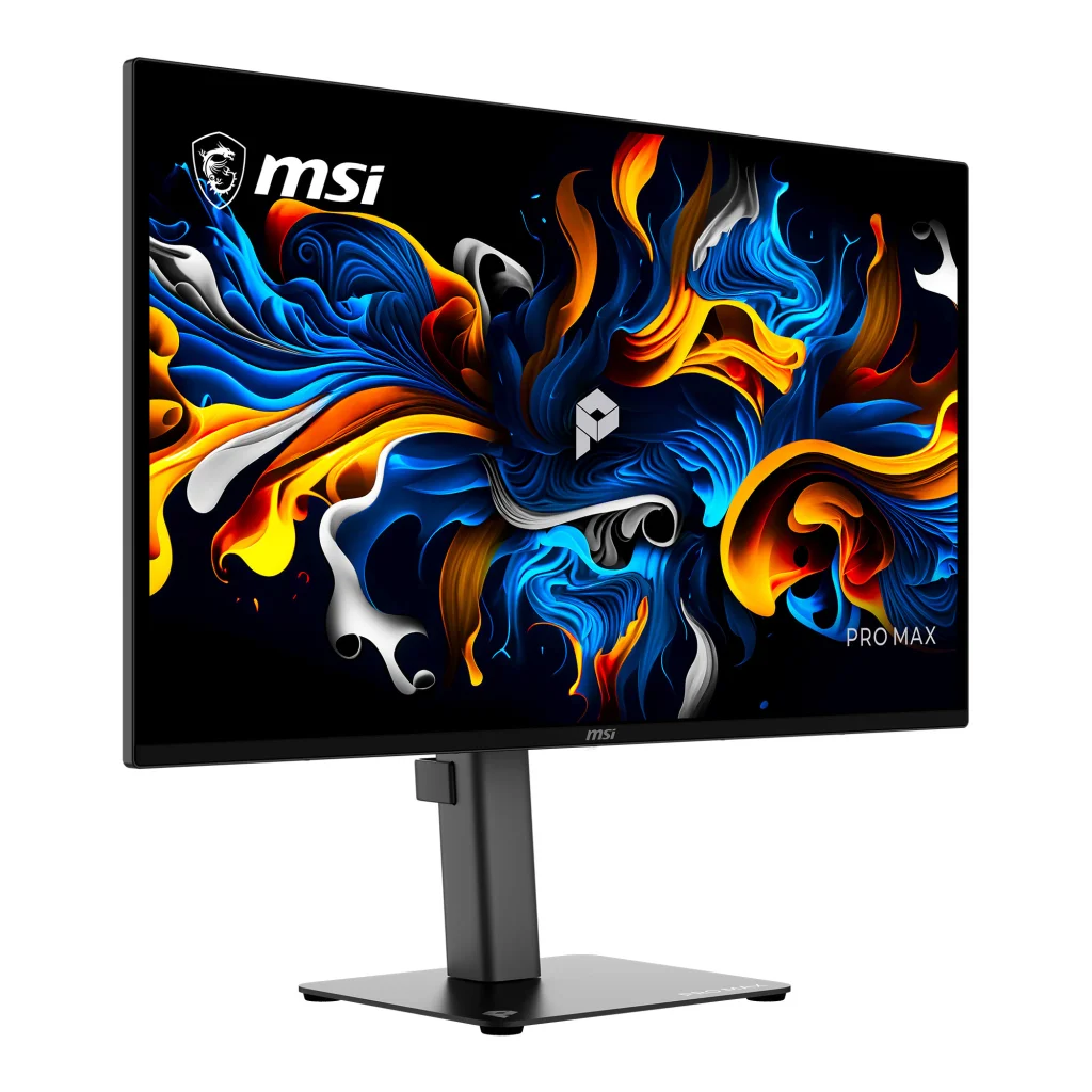 Ekranında canlı ve soyut renkli dalgalar bulunan siyah bir MSI Pro Max monitör, gri bir stand üzerinde.