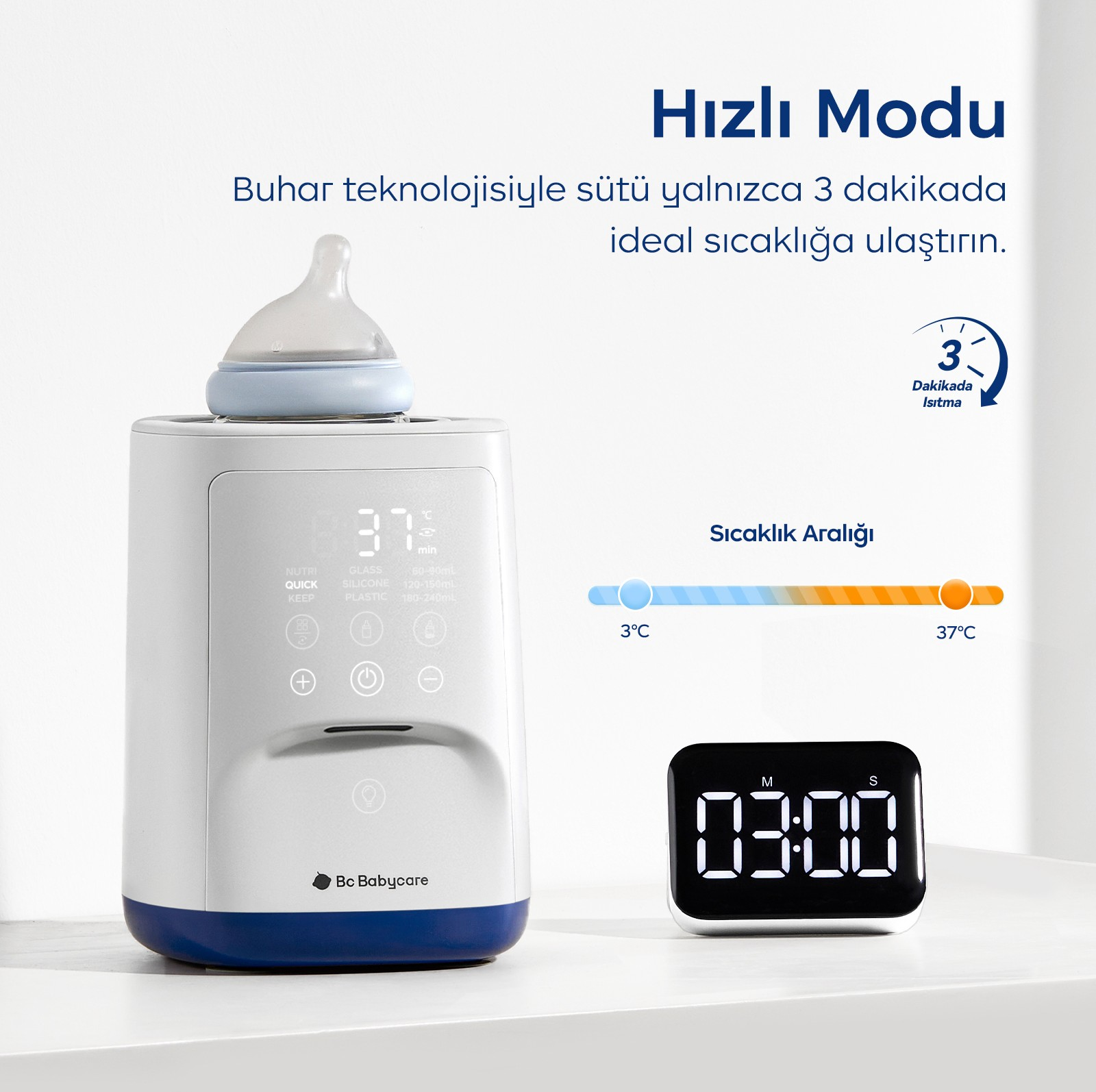 Mavi tabanlı, üzerinde biberon olan beyaz bir mama ısıtıcısı ve yanında 03:00 gösteren dijital zamanlayıcı.