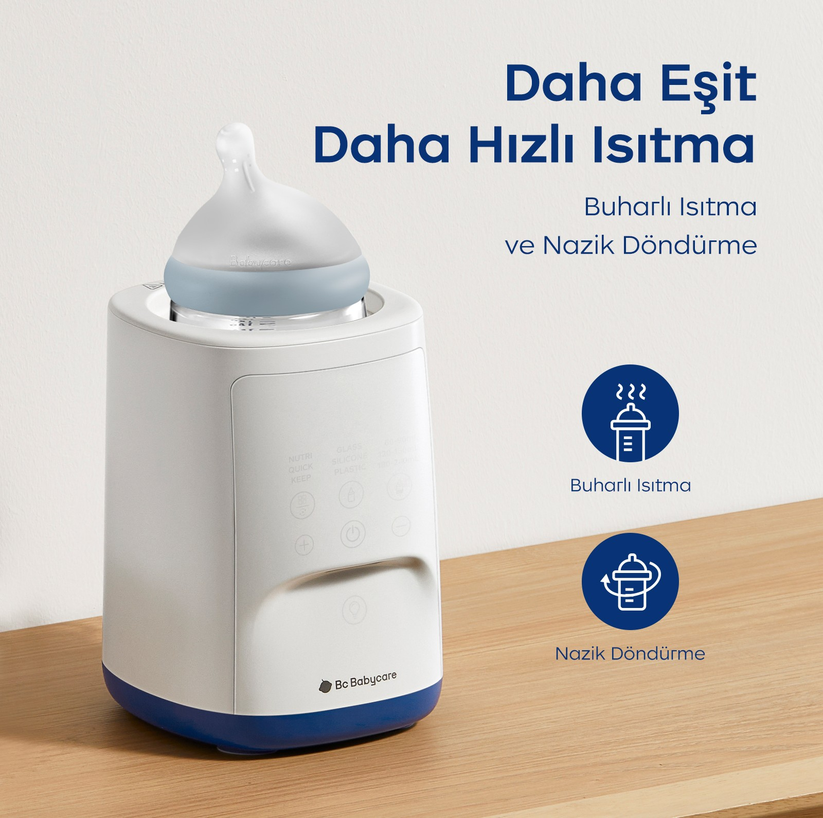 Ahşap masa üzerinde mavi tabanlı beyaz bebek biberon ısıtıcısı ve Türkçe yazılar bulunuyor.