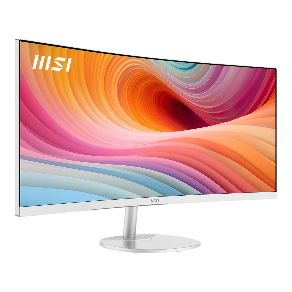 Beyaz bir MSI kavisli monitör, turuncu, pembe ve mavi renklerde renkli bir dalga deseni gösteriyor.