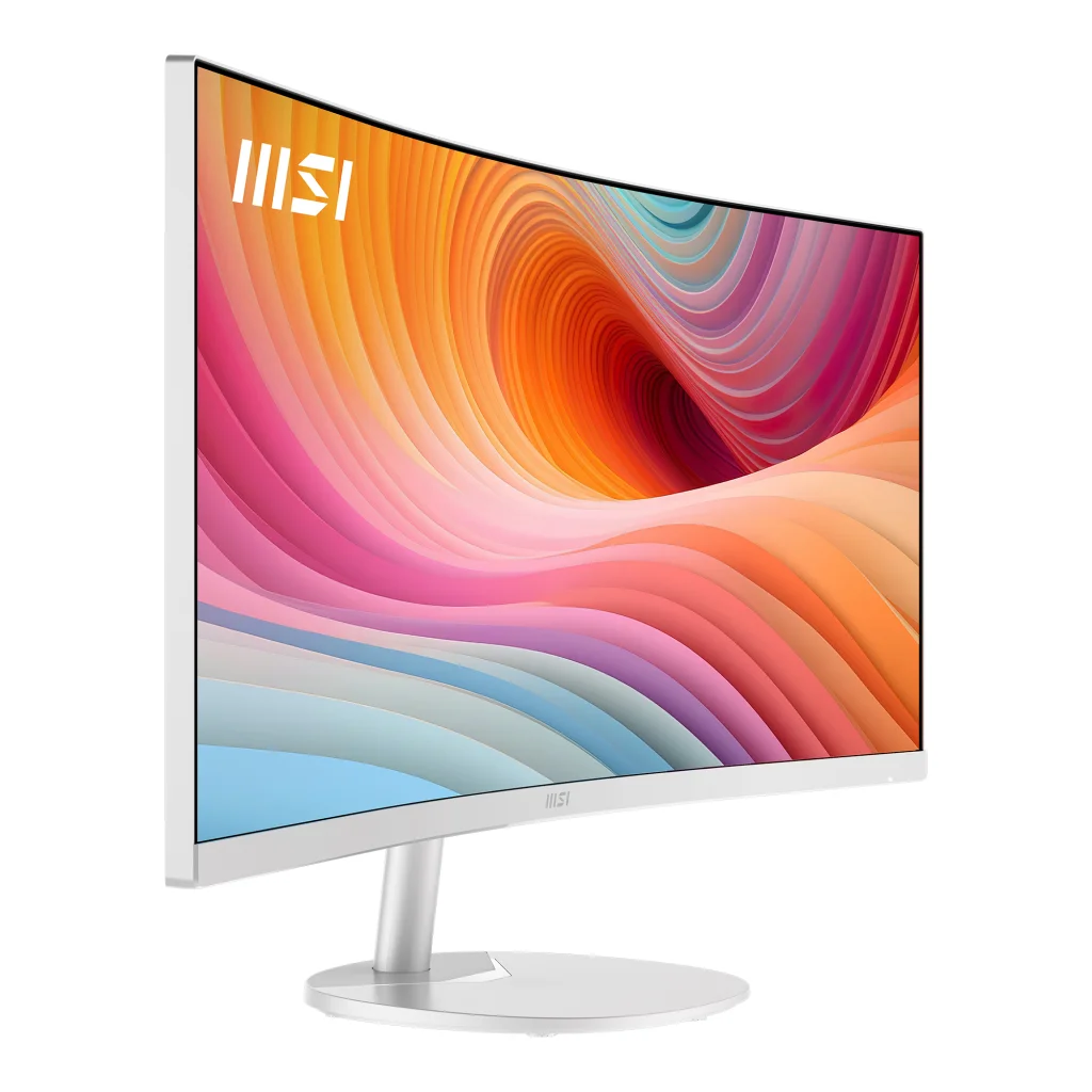 Stand üzerinde soyut renkli bir gradyan arka plan gösteren beyaz kavisli bir MSI monitör.