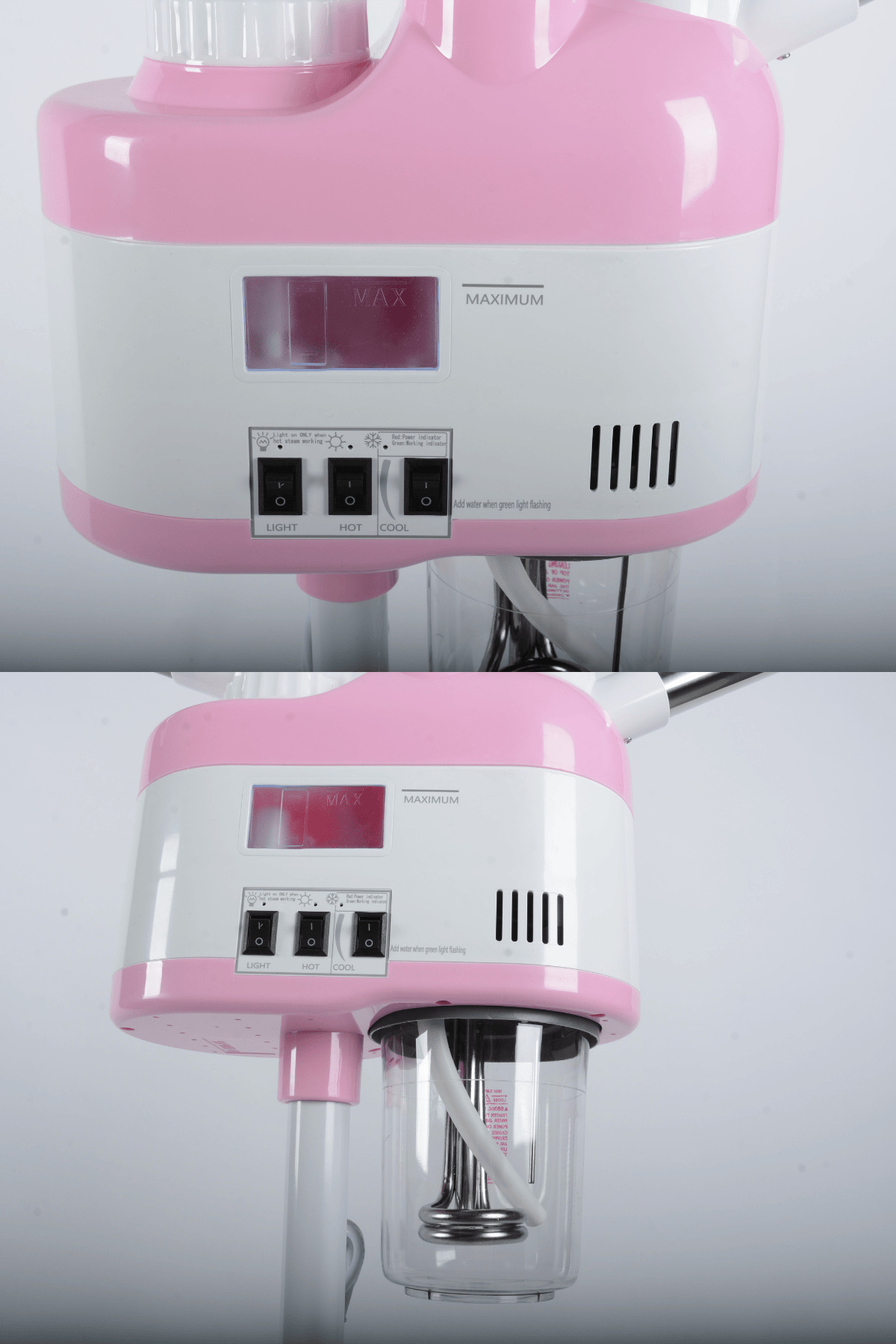 Işık, sıcak ve soğuk için üç düğmeli ve altta su haznesi olan pembe beyaz yüz buhar makinesi.