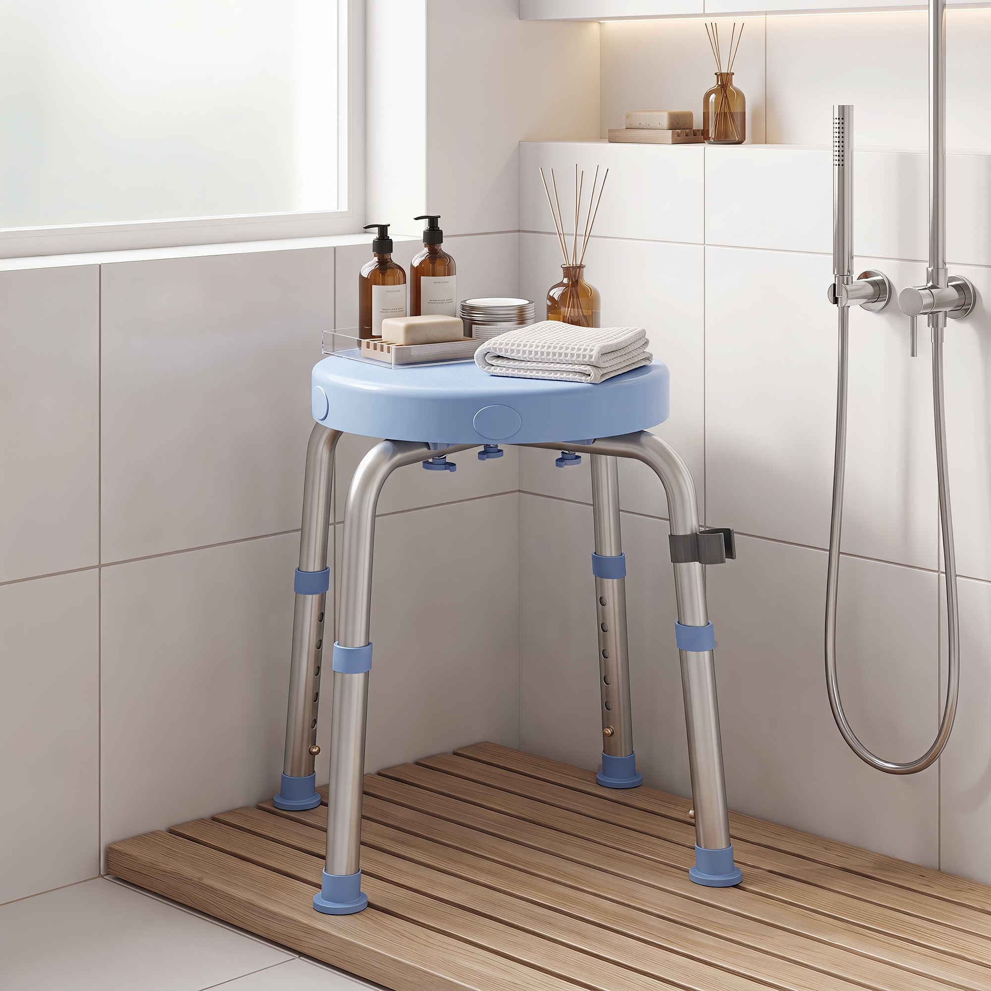 Un taburete de ducha azul claro con patas metálicas ajustables se encuentra sobre un suelo de listones de madera.