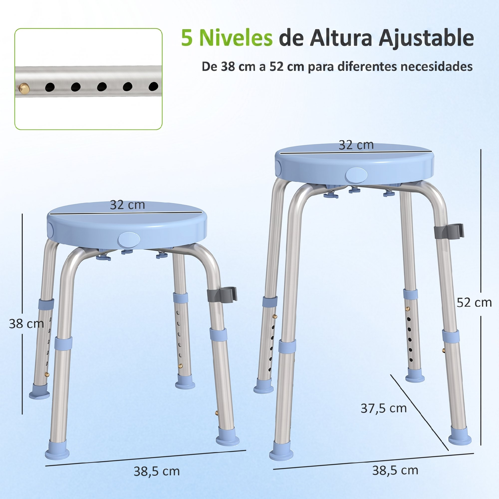 Dos taburetes de ducha azules con patas de aluminio ajustables, mostrando dimensiones y 5 niveles de altura.