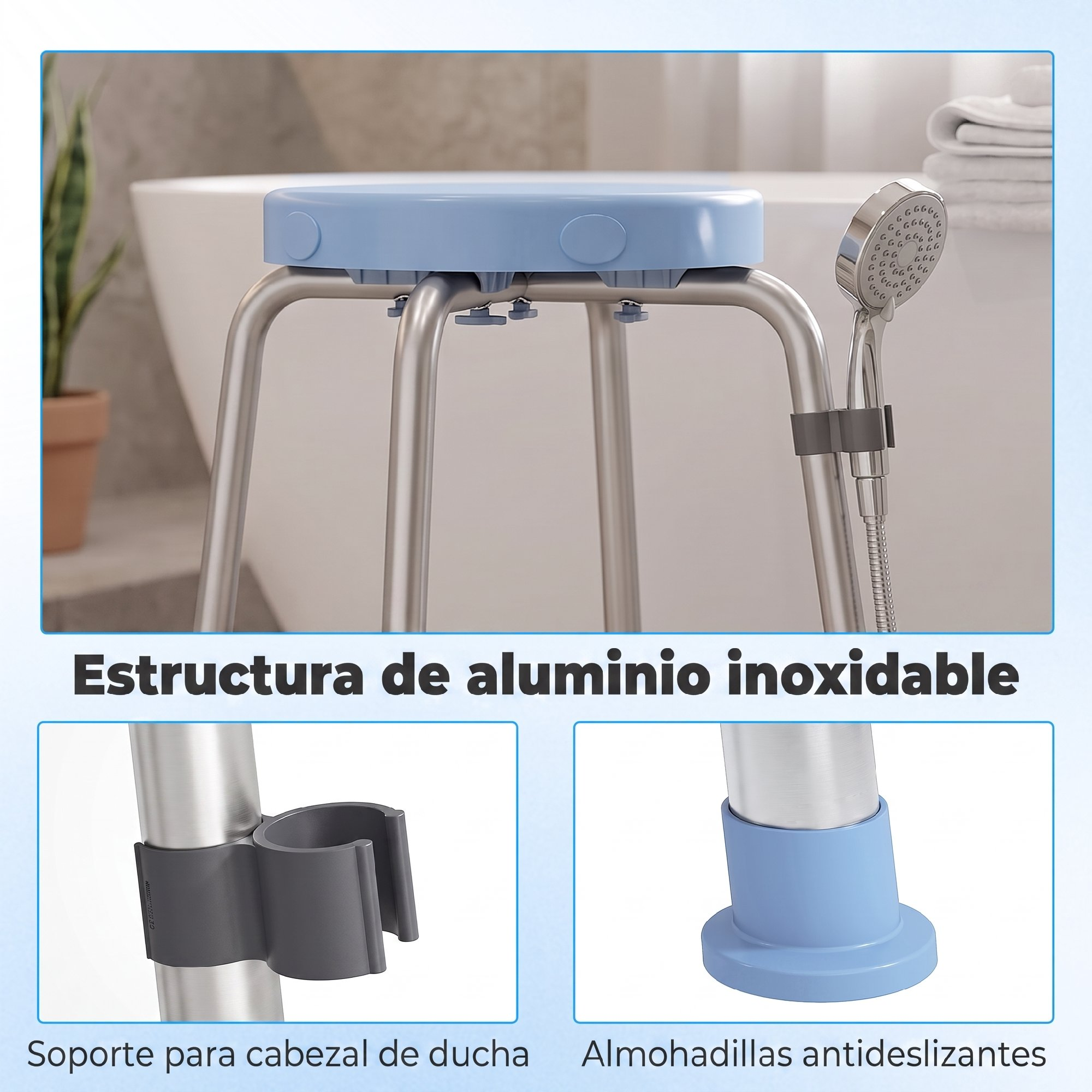 Taburete de ducha azul claro con patas de aluminio, soporte para cabezal y almohadillas antideslizantes.