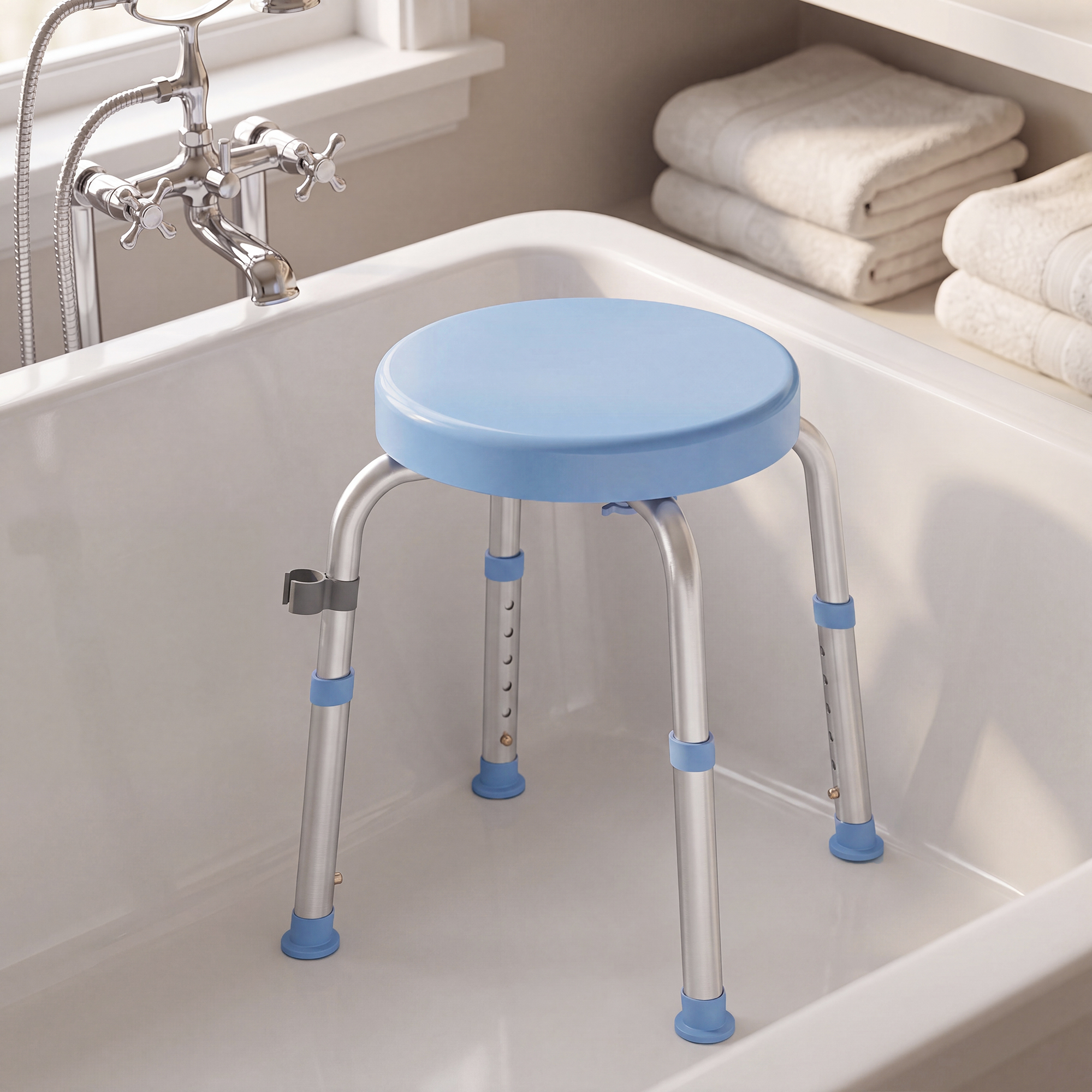 Un taburete de baño azul claro con patas de aluminio ajustables está colocado dentro de una bañera blanca.