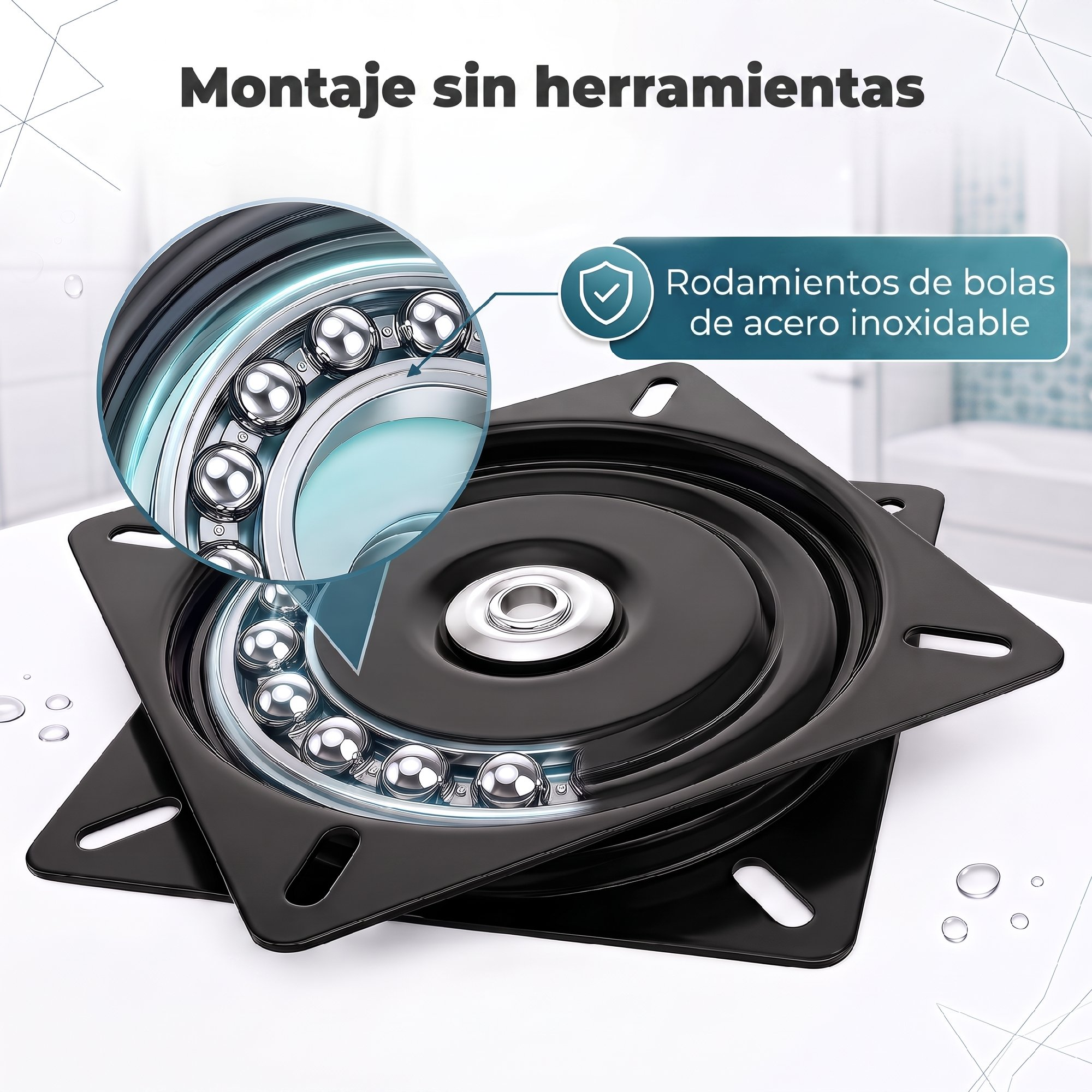 Un mecanismo de placa giratoria negra con rodamientos de bolas de acero inoxidable y una ampliación.