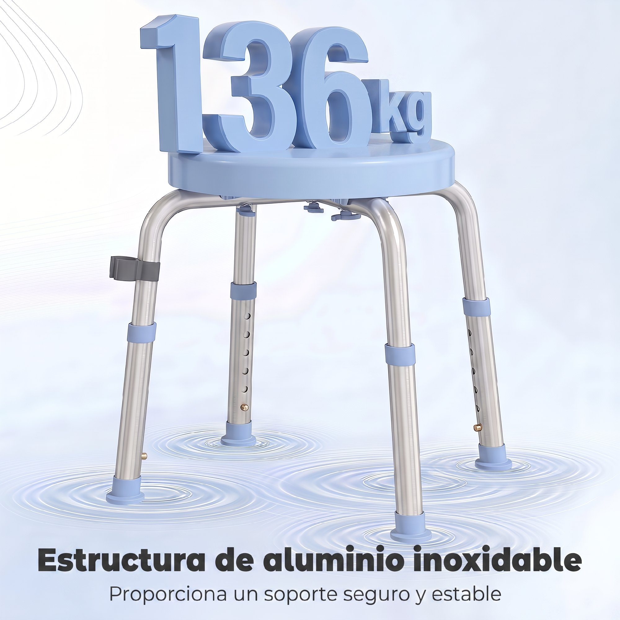 Taburete de ducha azul con patas de aluminio que soporta 136 kg en agua.