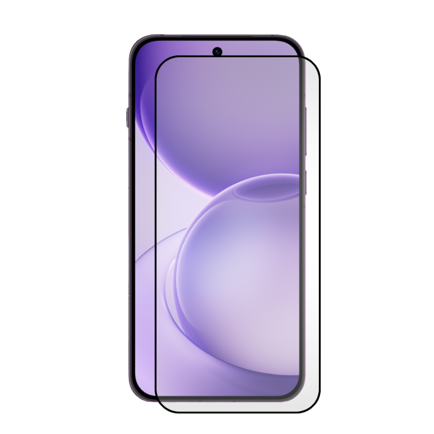 Smartphone met een doorzichtige screenprotector met zwarte rand op een witte achtergrond.