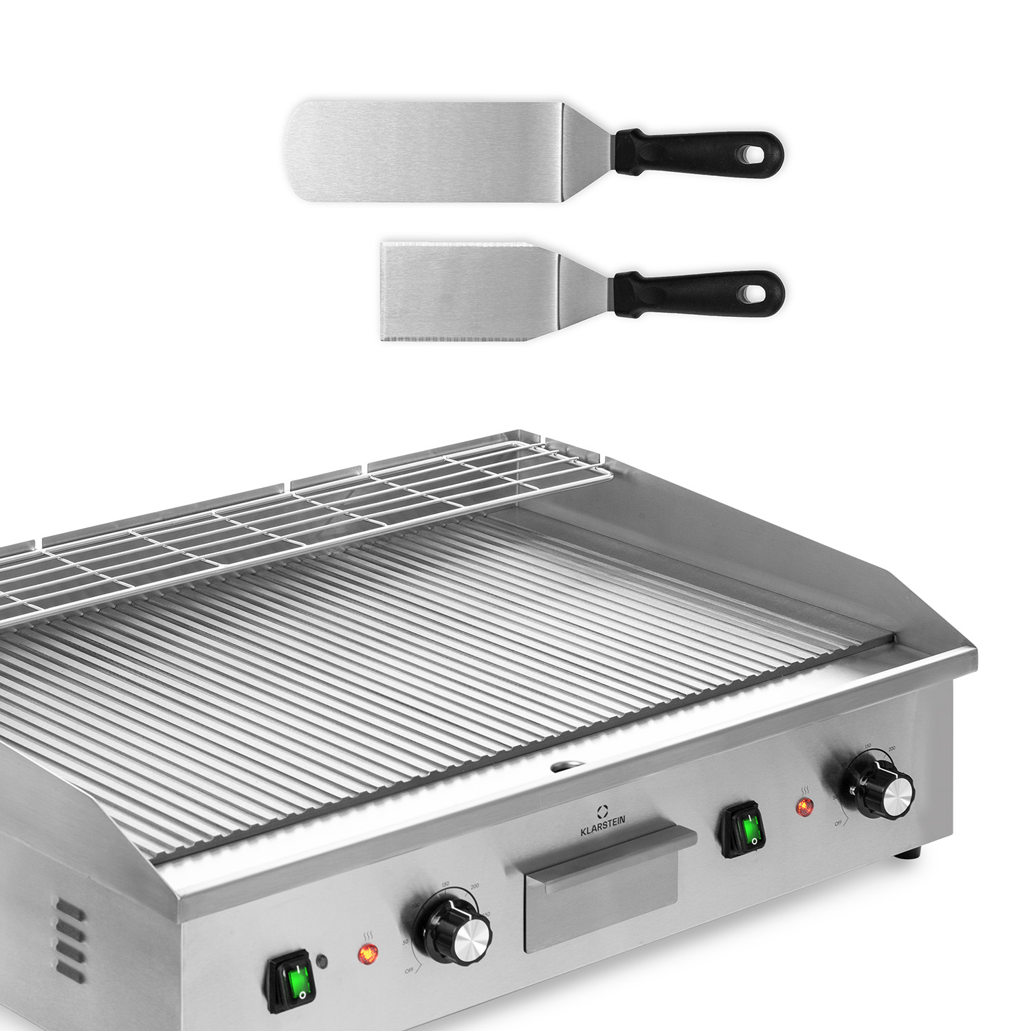 Piastra elettrica in acciaio inox con superficie strutturata, due manopole e due spatole sopra.