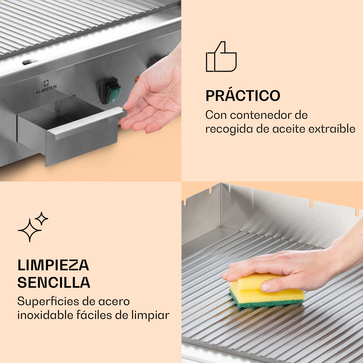 Mano estrae il cassetto grassi e mano pulisce la piastra con spugna, con testo promozionale.