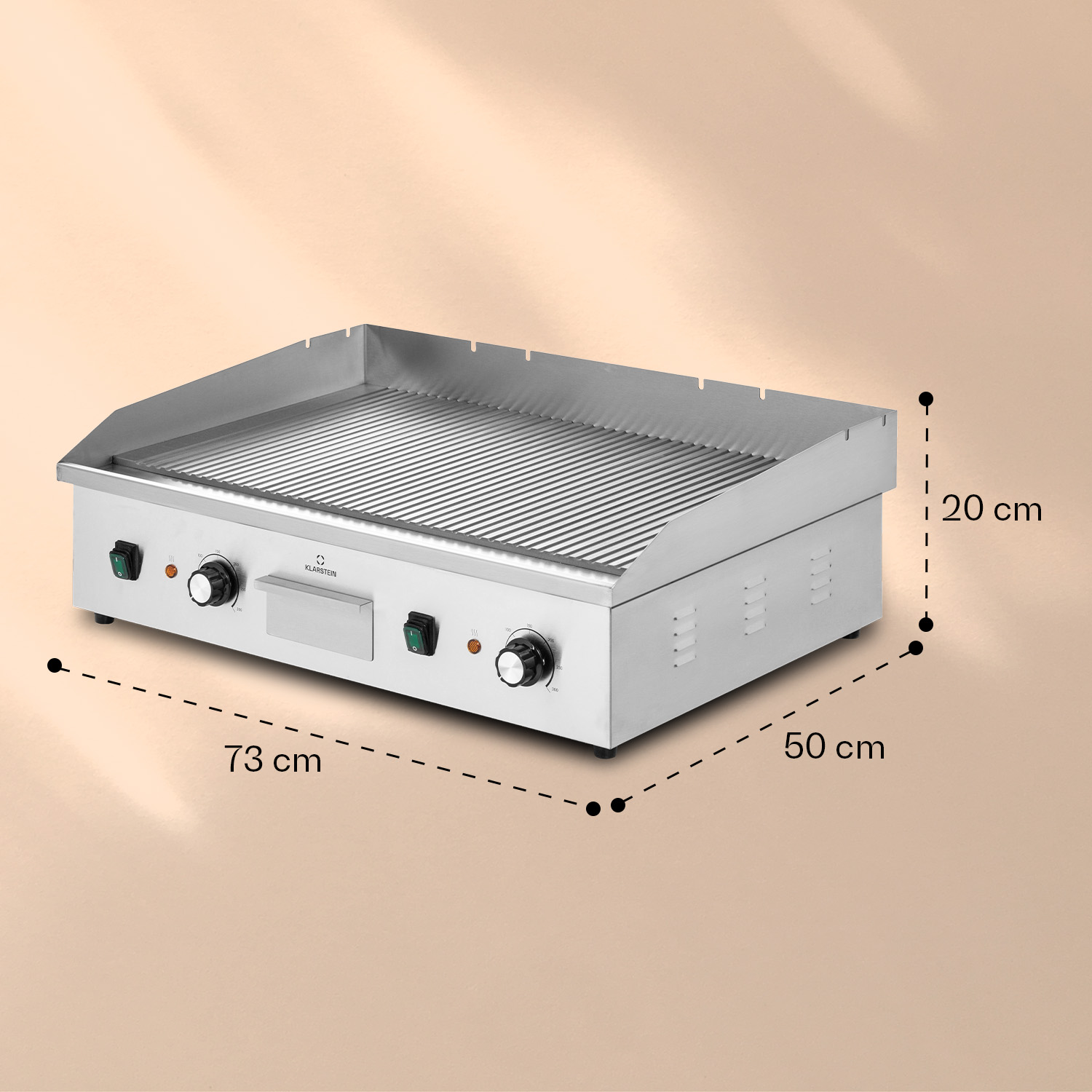 Piastra elettrica in acciaio inox con due manopole e dimensioni di 73x50x20 cm.