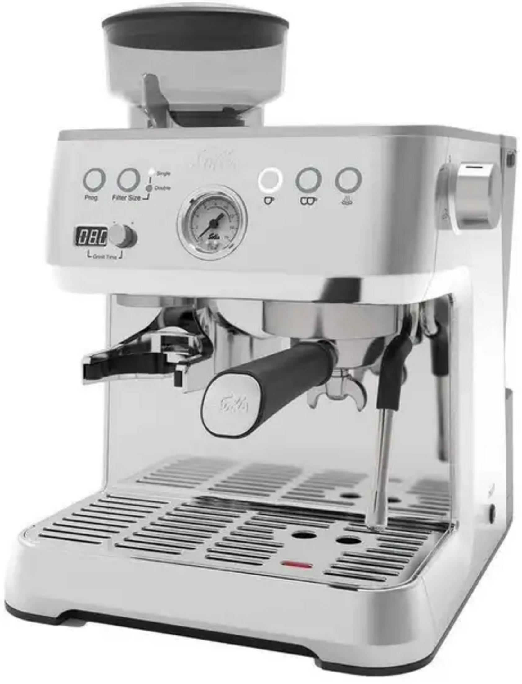 Machine à espresso argentée moderne avec moulin intégré et buse vapeur.