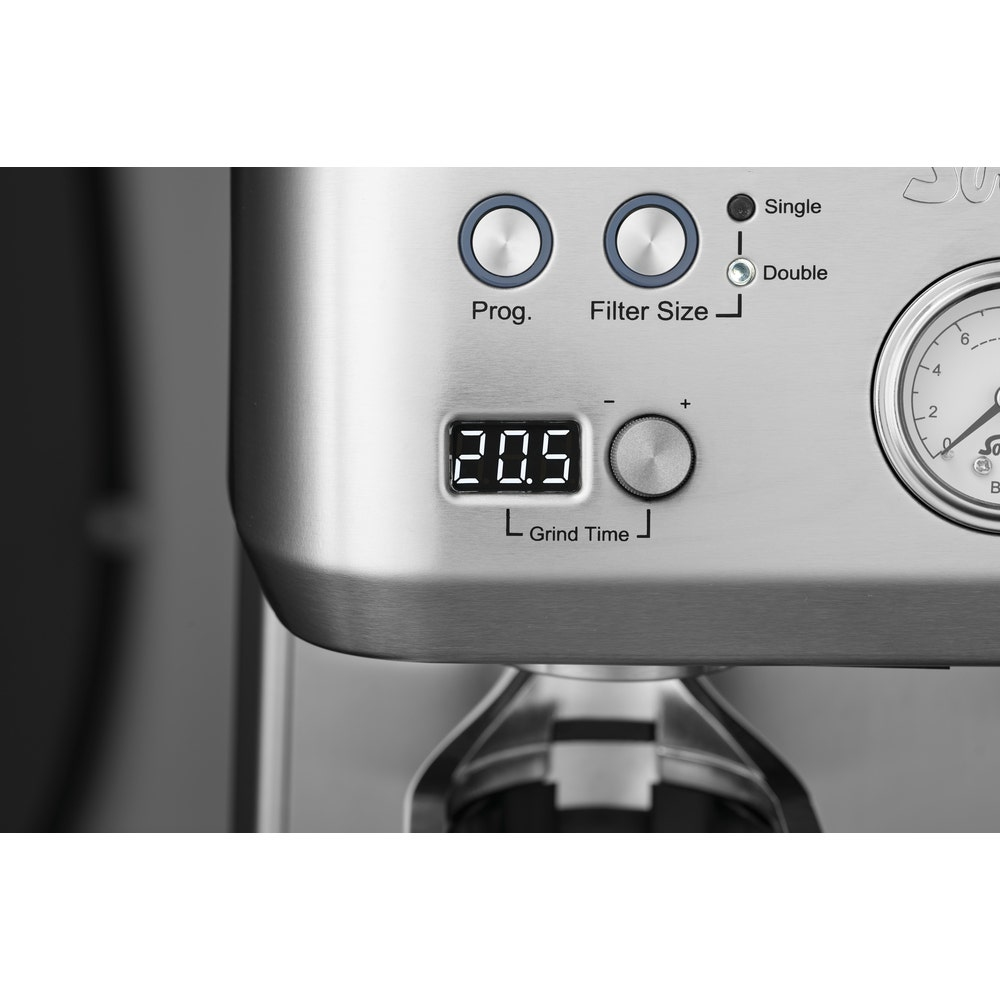 Gros plan sur le panneau d'une cafetière en acier inoxydable avec boutons, affichage du temps de mouture à 20,5 et manomètre.