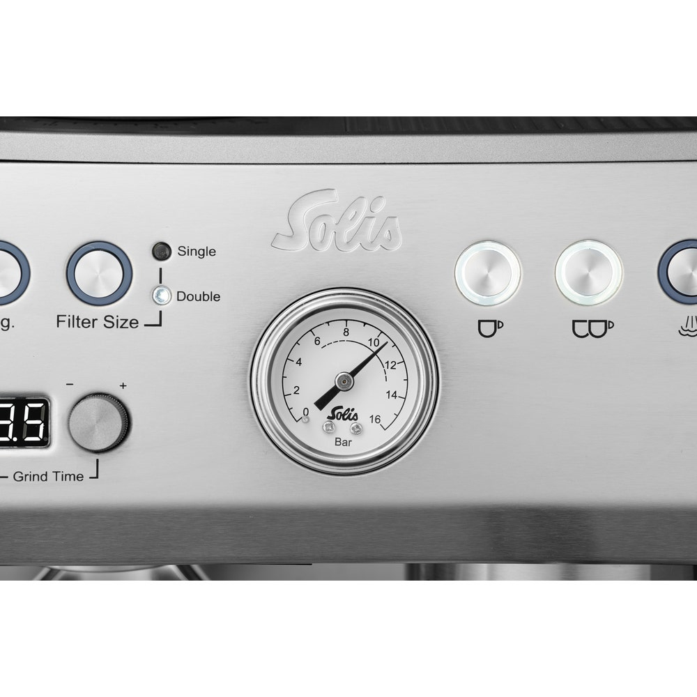 Gros plan sur le panneau de commande d'une machine à espresso Solis avec boutons, minuteur et manomètre.