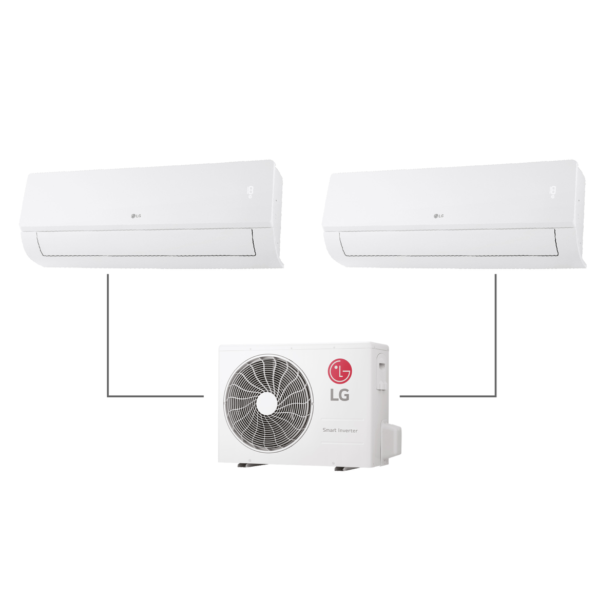 Dos unidades de aire acondicionado interiores LG blancas conectadas a una unidad exterior Smart Inverter.