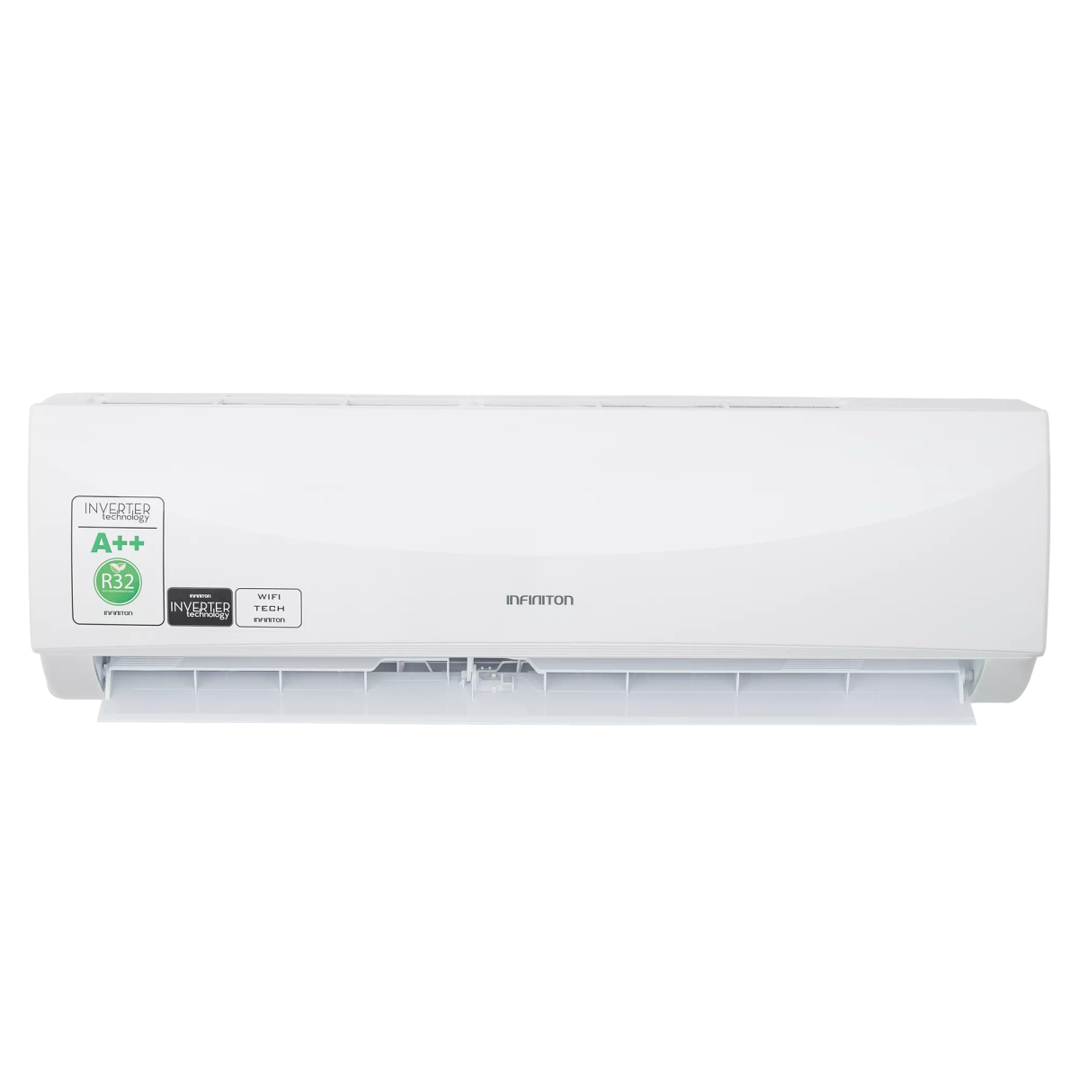 Unidad interior de aire acondicionado split Infiniton blanca con etiqueta energética A++ y gas R32 sobre fondo negro.
