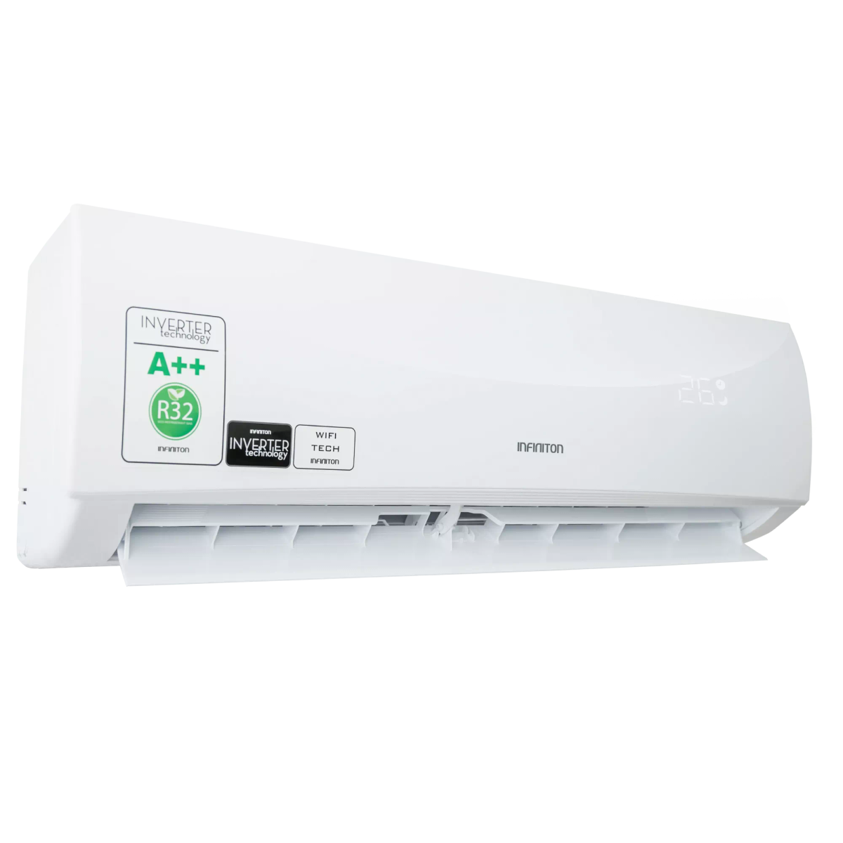 Un aire acondicionado blanco Infiniton con eficiencia A++, refrigerante R32, WiFi y pantalla digital de temperatura.