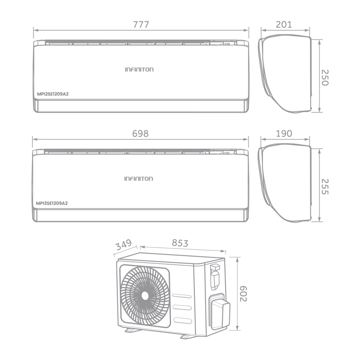 Dibujo técnico con las dimensiones de un aire acondicionado Infiniton con unidad interior y exterior.