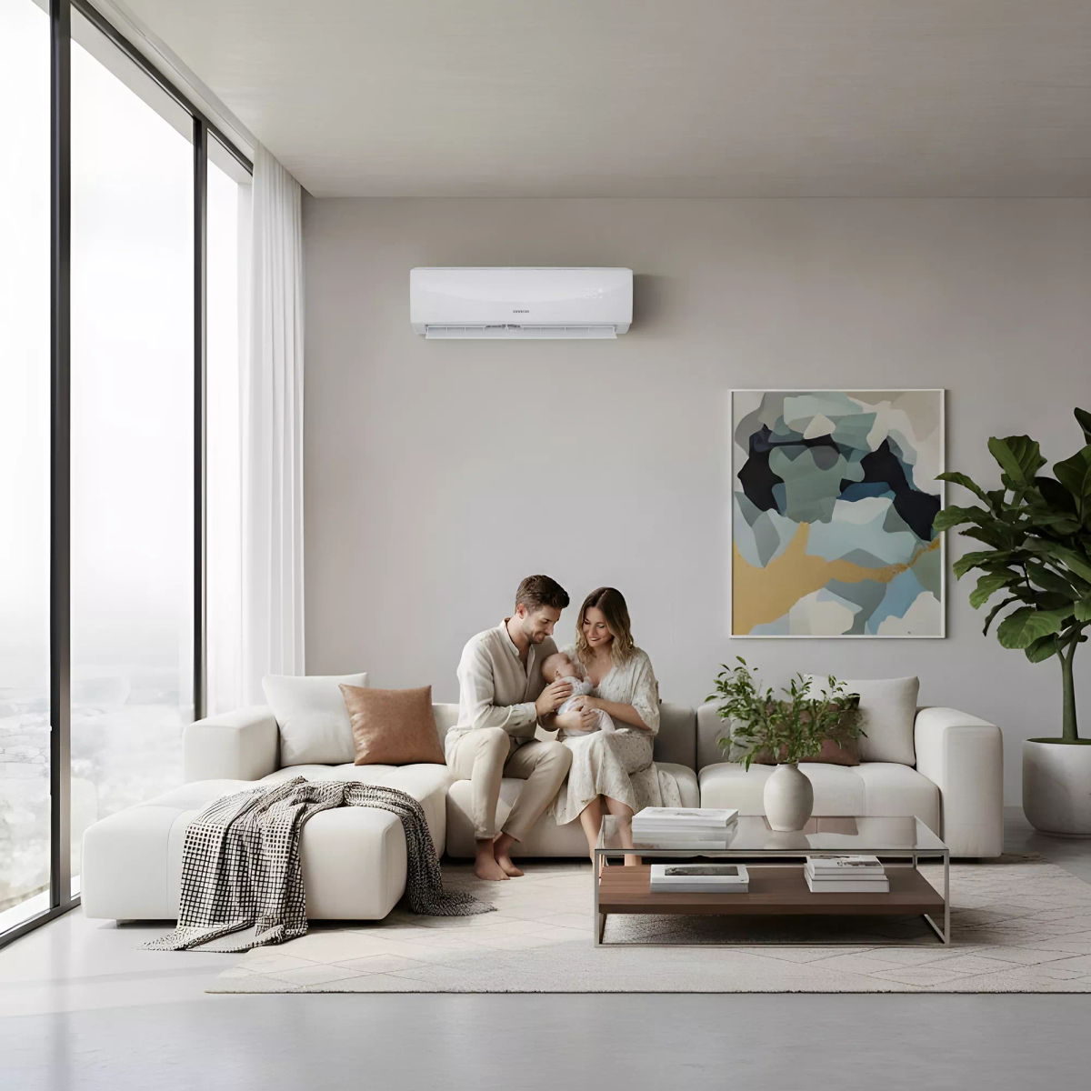 Una familia con un bebé está sentada en un sofá blanco en una sala de estar moderna bajo un aire acondicionado.