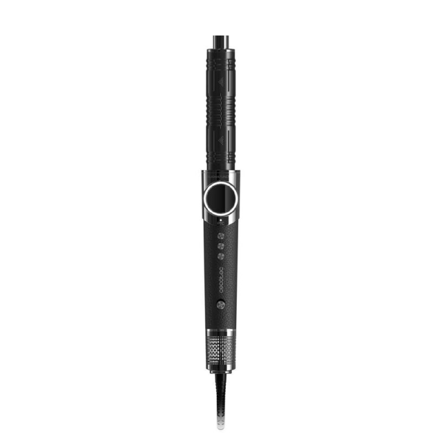 Un rizador de pelo negro elegante con pantalla digital y botones sobre fondo blanco.