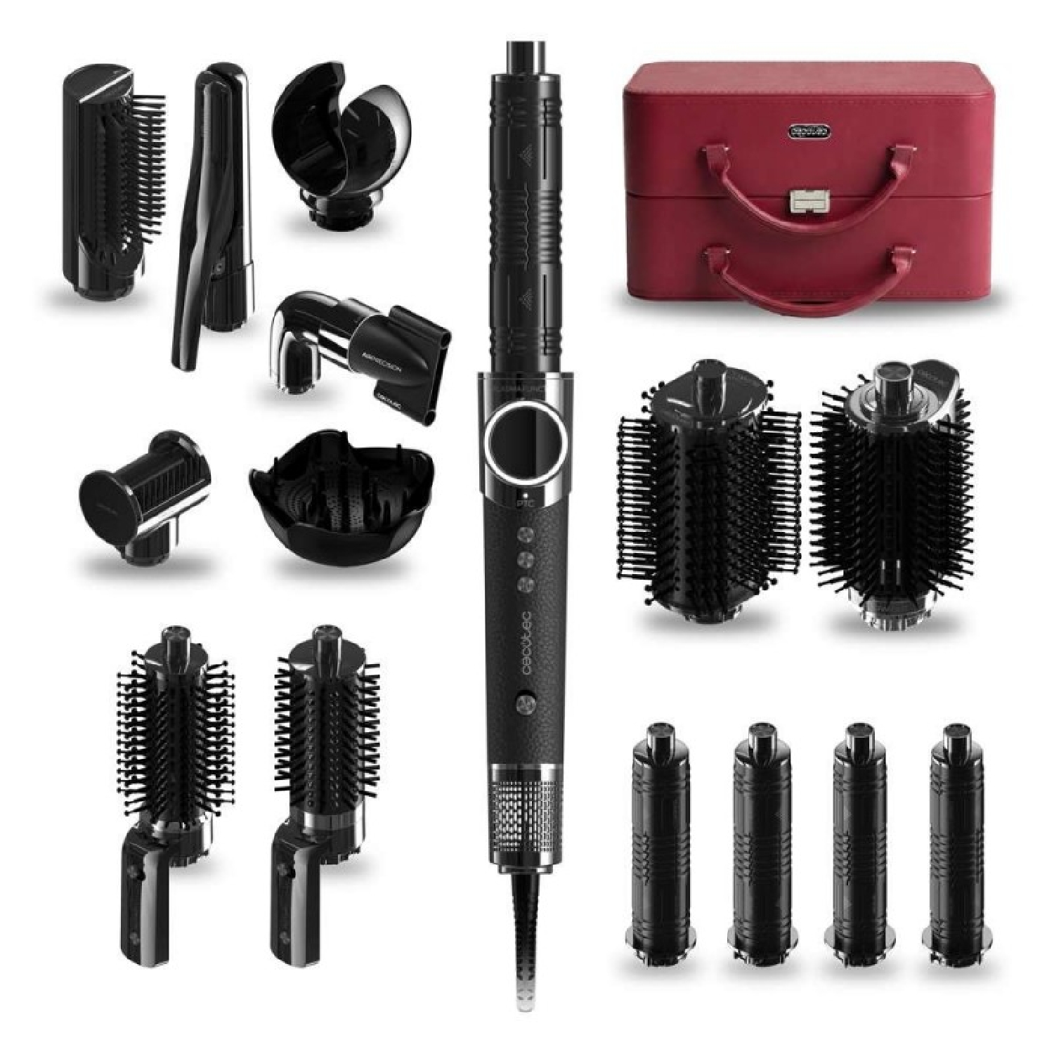 Un moldeador de cabello negro con multiples accesorios y un estuche rojo sobre un fondo blanco.