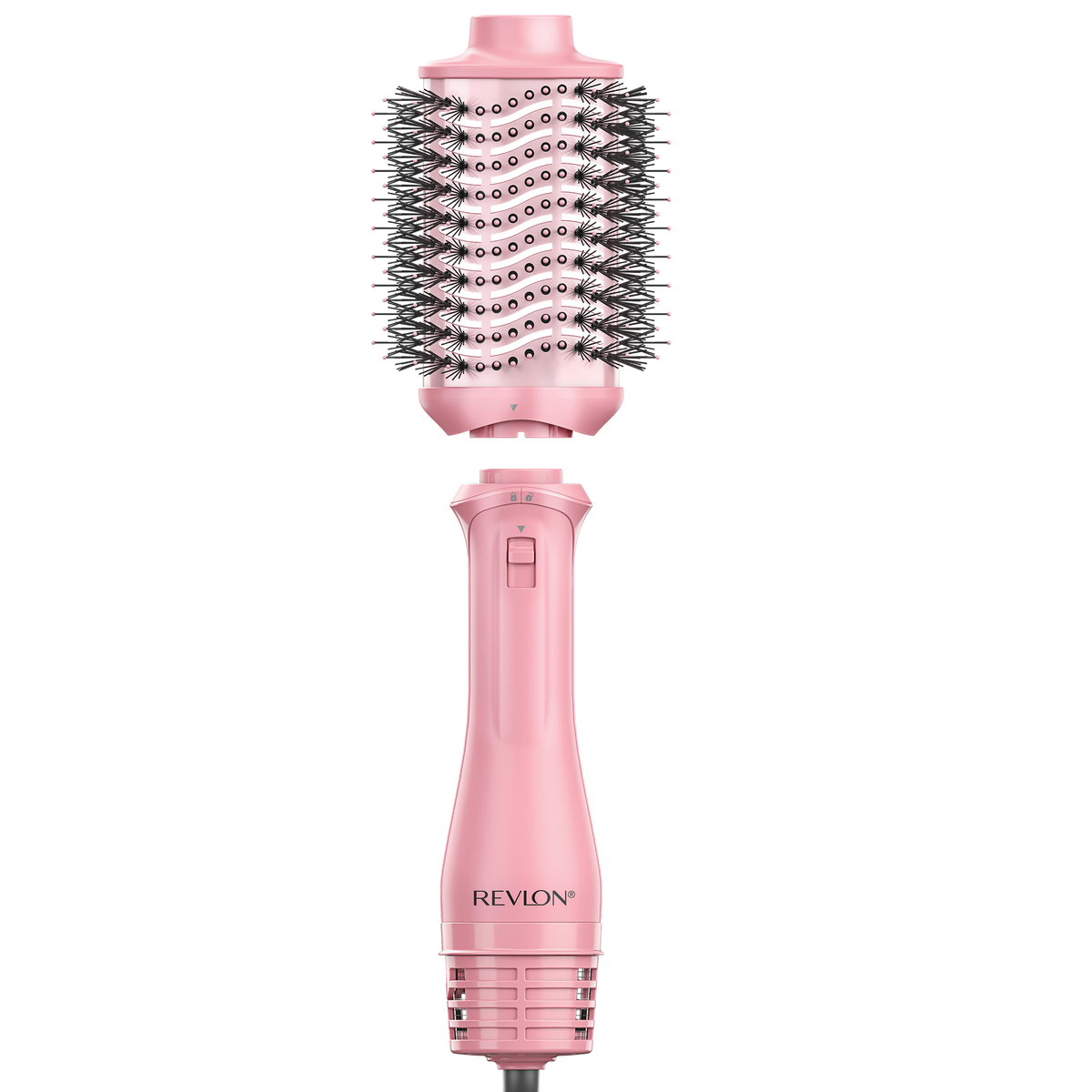Asciugacapelli e styler Revlon rosa con spazzola rimovibile su sfondo bianco.