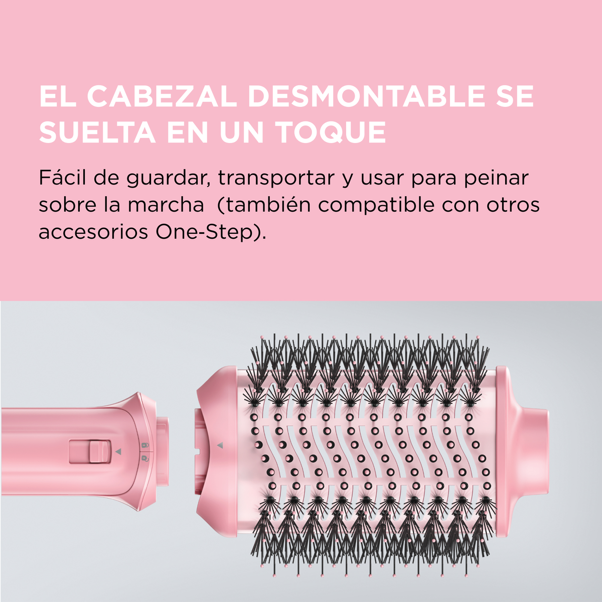 Spazzola asciugacapelli rosa con testa staccabile e testo sopra.