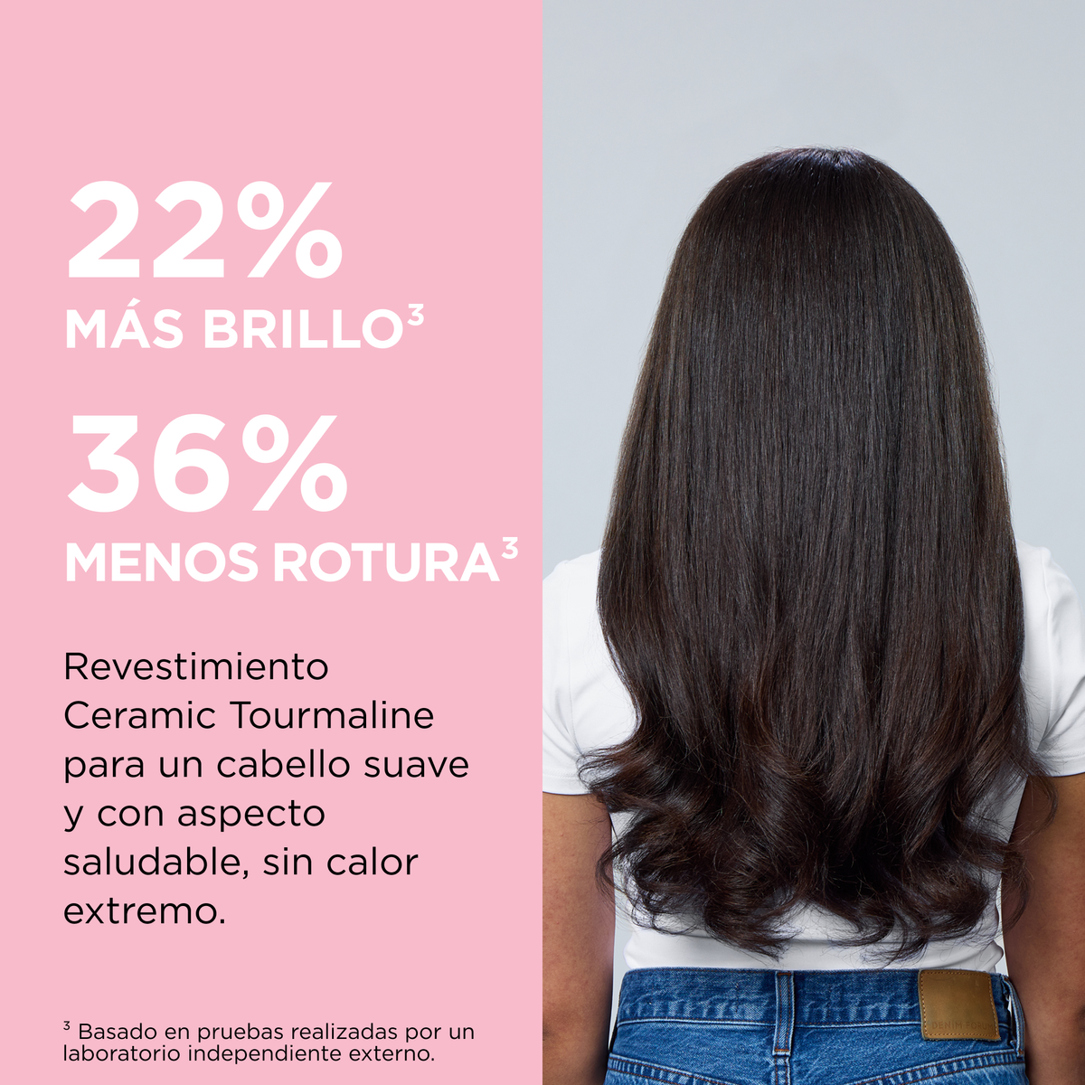 Lunghi e lucidi capelli castani visti da dietro accanto a un banner promozionale rosa con testo.