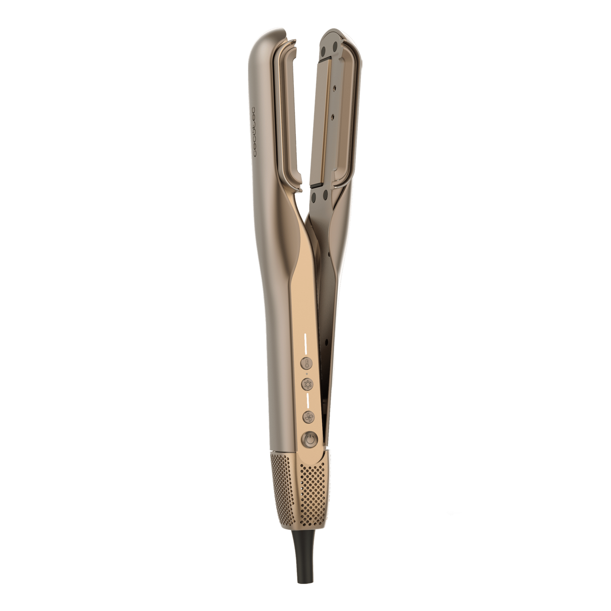 Una plancha de pelo dorada con botones de control sobre fondo negro.