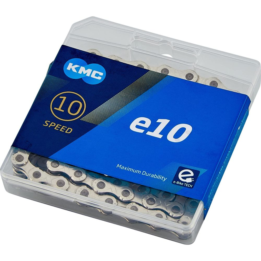 KMC e10 10-Gang E-Bike-Fahrradkette in einer klaren Kunststoffverpackung mit blauem Papieretikett.