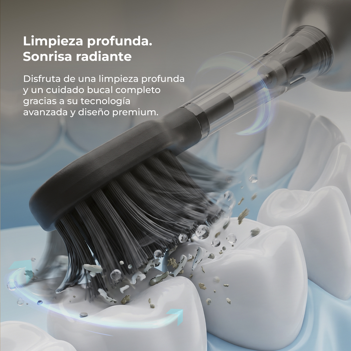 Un cepillo de dientes eléctrico negro limpiando dientes blancos con salpicaduras de agua y texto en español.