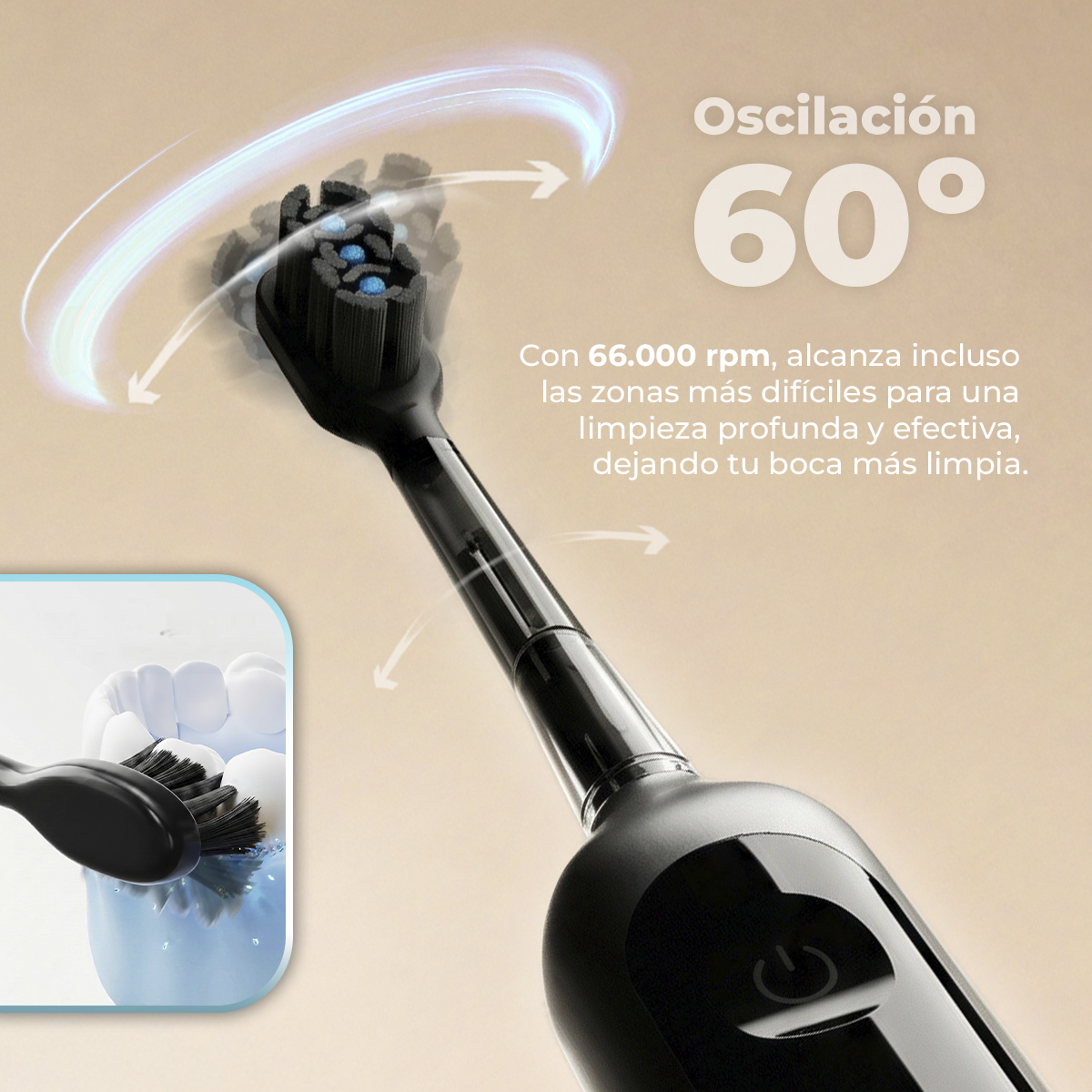 Un cepillo dental eléctrico negro muestra oscilación de 60 grados, con recuadro de limpieza.