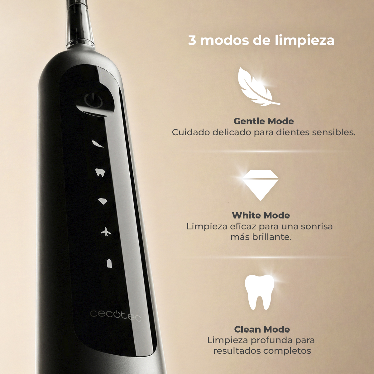 Cepillo de dientes eléctrico negro con tres modos de limpieza e iconos sobre fondo beige.