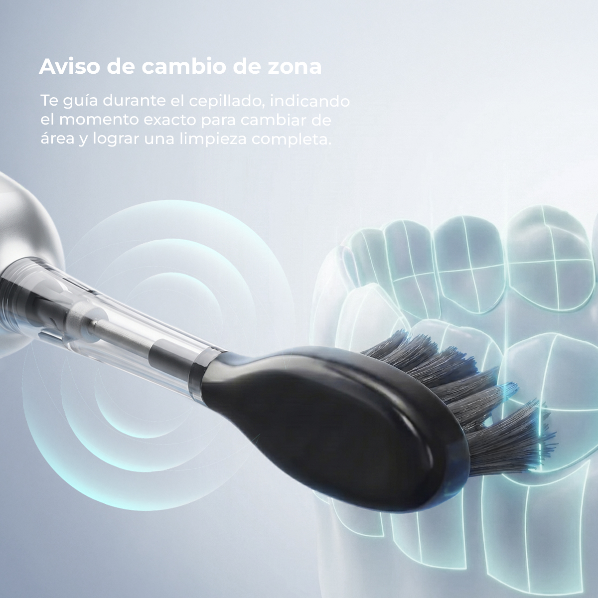 Un cepillo de dientes eléctrico limpia dientes marcados con una cuadrícula azul para el cambio de zona.