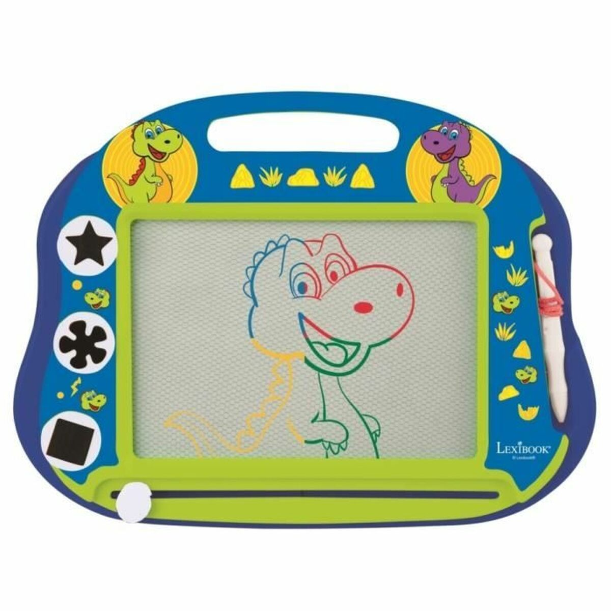 Lavagna magnetica a tema dinosauri blu con manico, penna e illustrazioni.