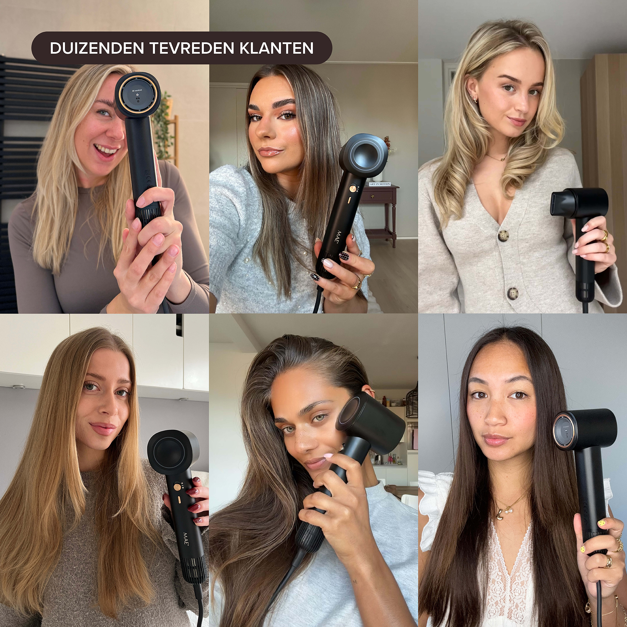 Collage de six femmes tenant un sèche-cheveux noir Mae, montrant des clientes satisfaites.