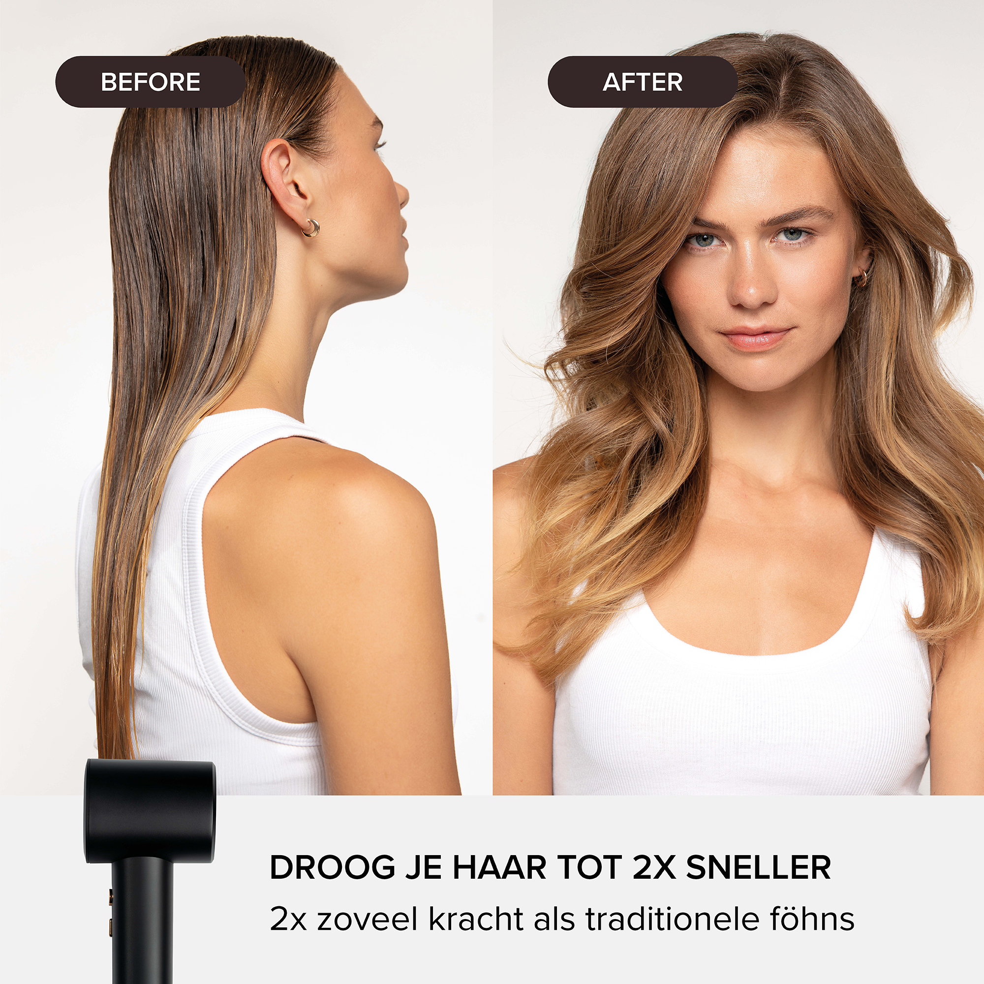 Comparaison avant et après le séchage montrant des cheveux lisses et des ondulations.