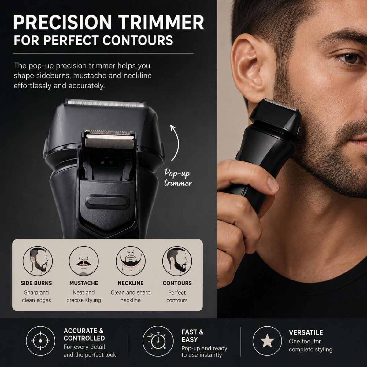 Ein Mann nutzt einen Rasierer mit Präzisionstrimmer im Gesicht, mit Produkttexten und Funktionsgrafiken.